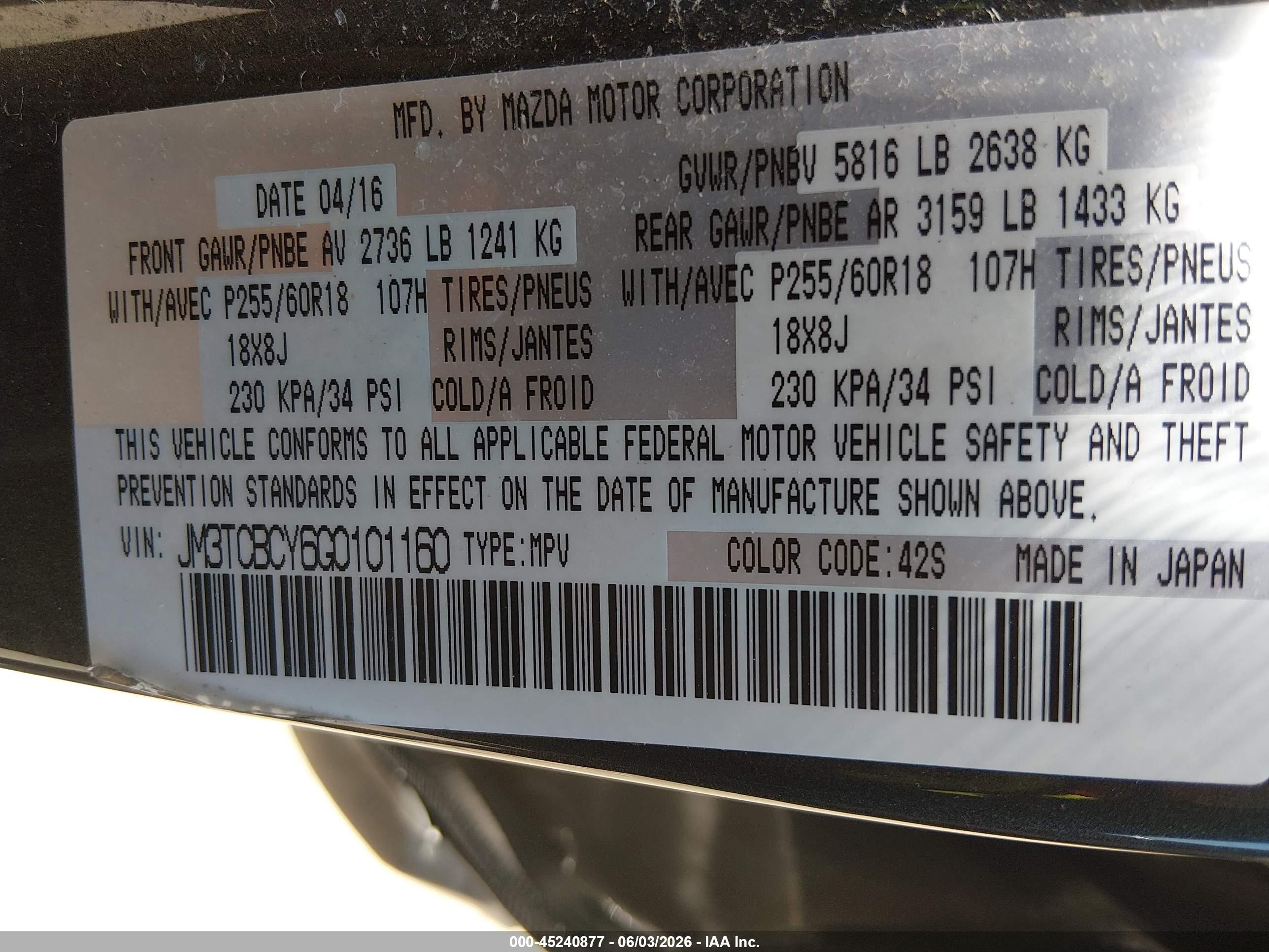 2016 Mazda Cx-9 Touring Gray vin: JM3TCBCY6G0101160