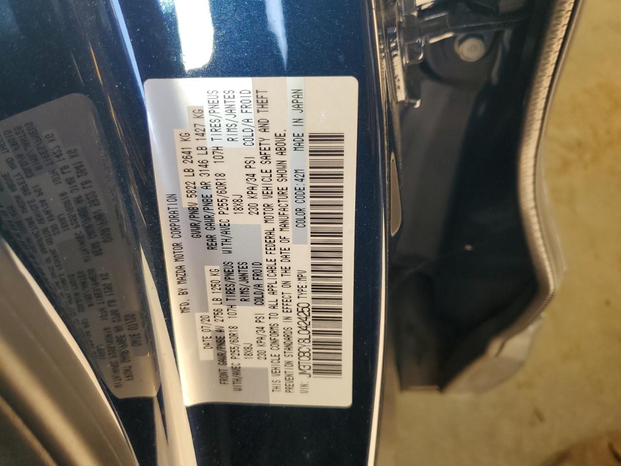 2020 Mazda Cx-9 Touring Blue vin: JM3TCBCY8L0424250