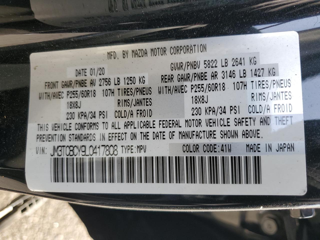 2020 Mazda Cx-9 Touring Black vin: JM3TCBCY9L0417808
