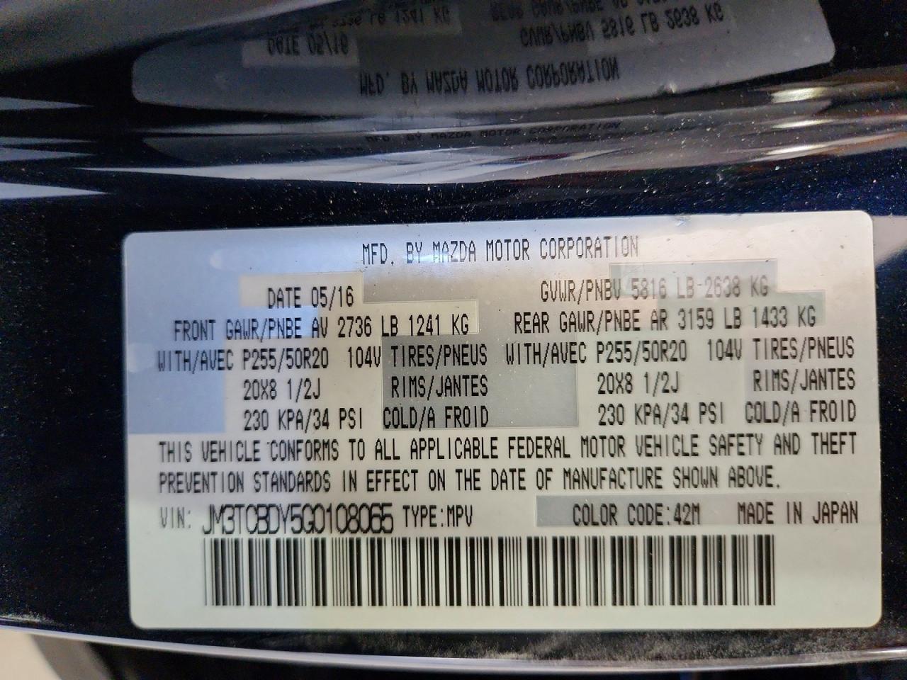 2016 Mazda Cx-9 Grand Touring Blue vin: JM3TCBDY5G0108065