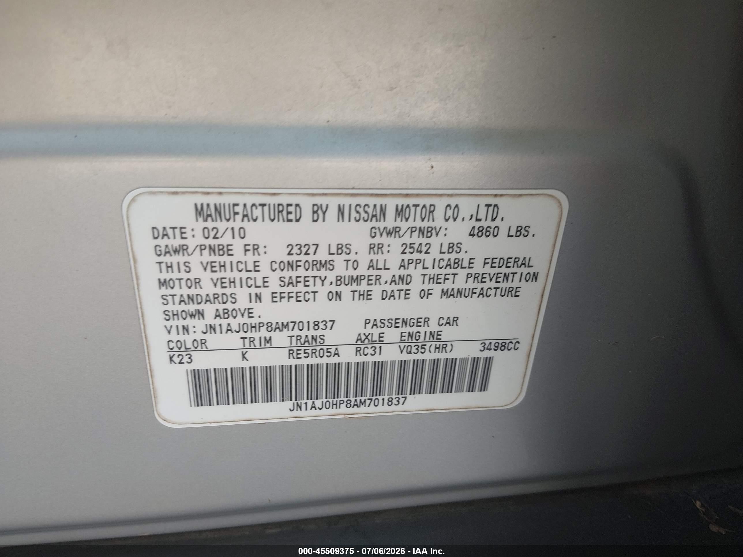 2010 Infiniti Ex35 Journey Silver vin: JN1AJ0HP8AM701837