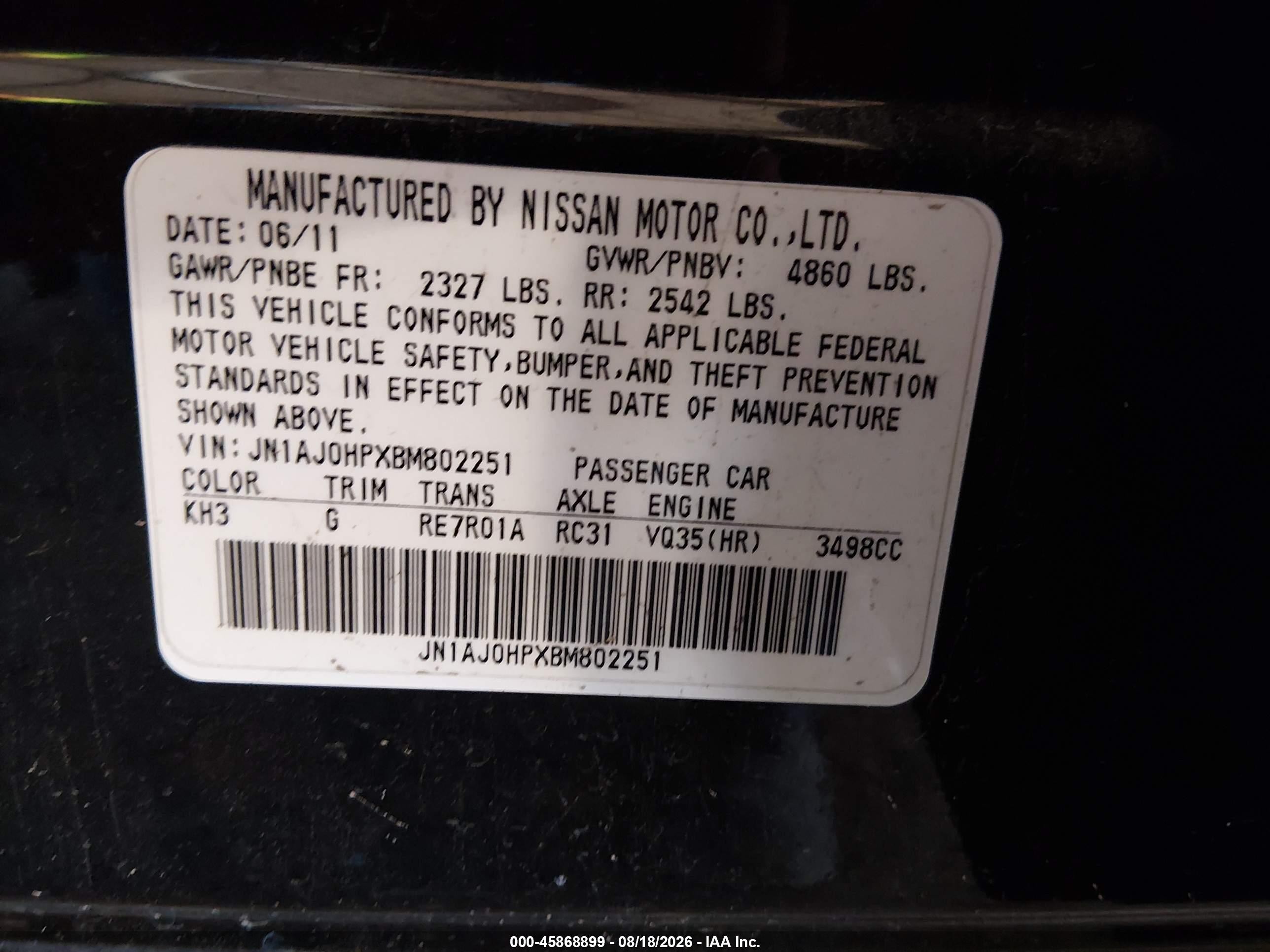 2011 Infiniti Ex35 Journey Black vin: JN1AJ0HPXBM802251