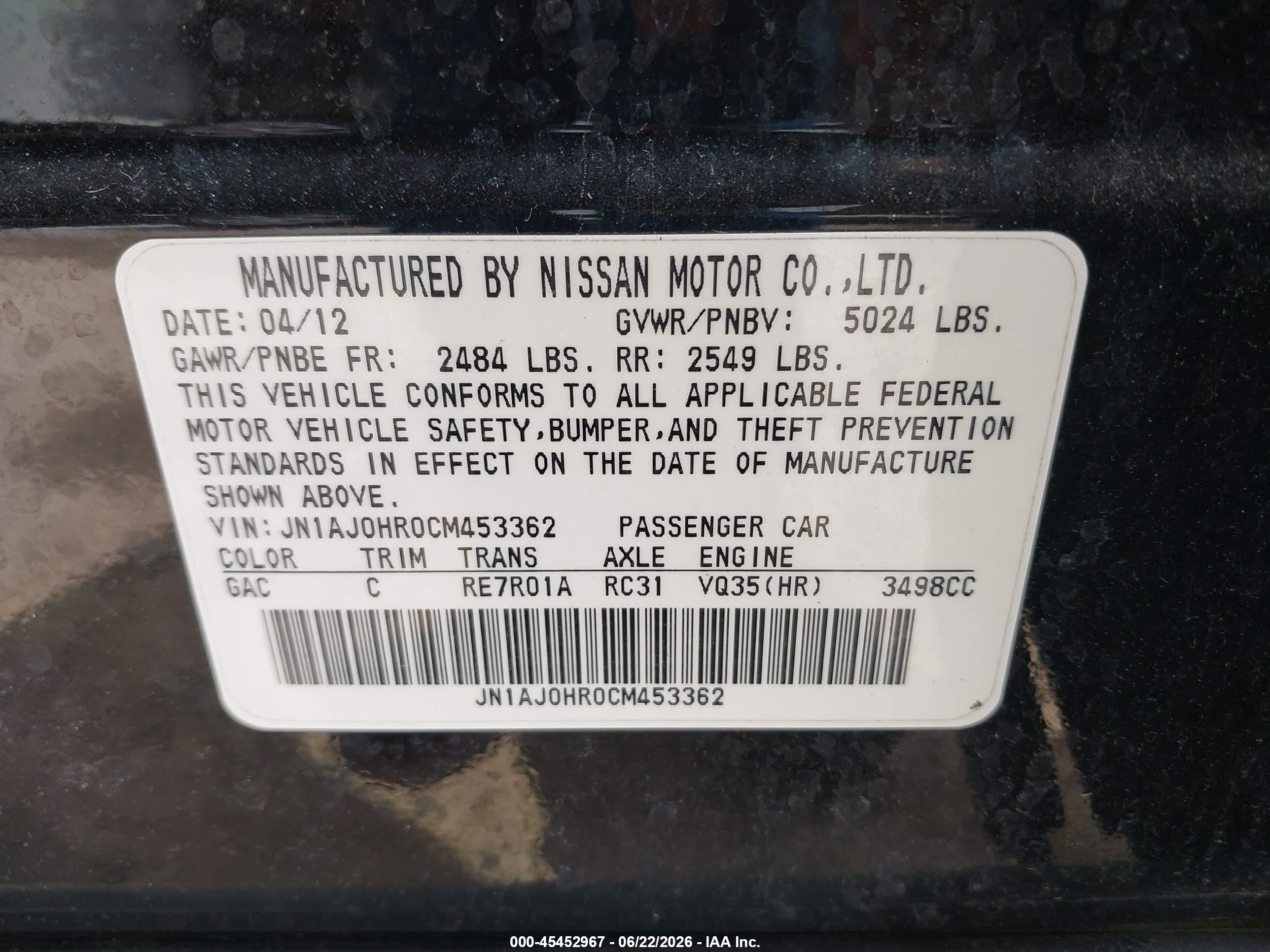 2012 Infiniti Ex35 Journey Black vin: JN1AJ0HR0CM453362