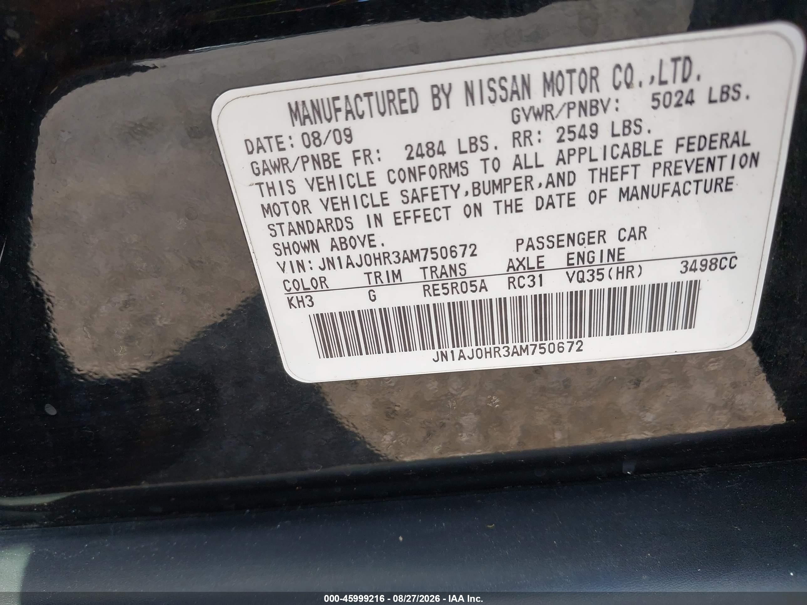 2010 Infiniti Ex35 Journey Black vin: JN1AJ0HR3AM750672