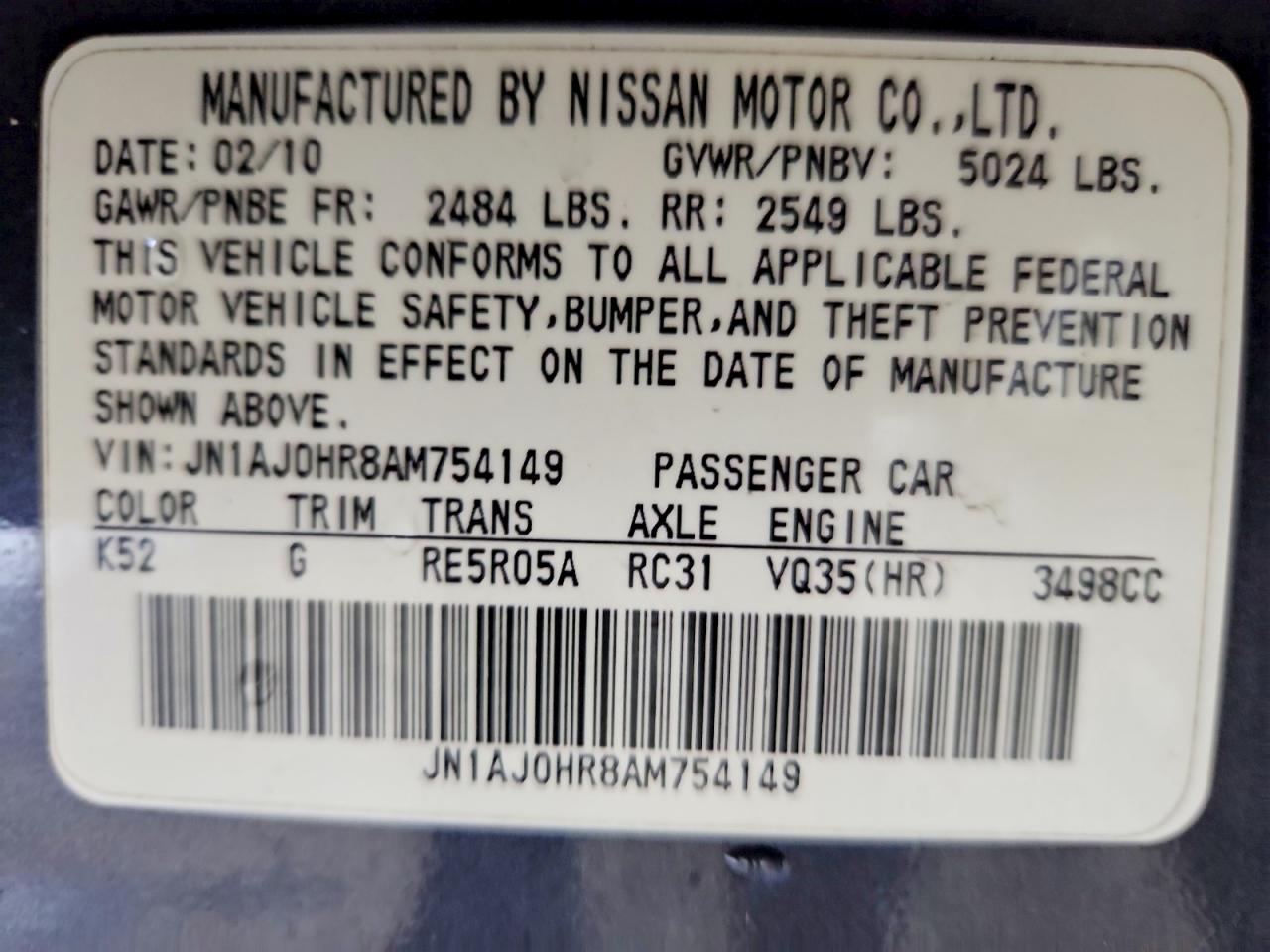 2010 Infiniti Ex35 Base Teal vin: JN1AJ0HR8AM754149