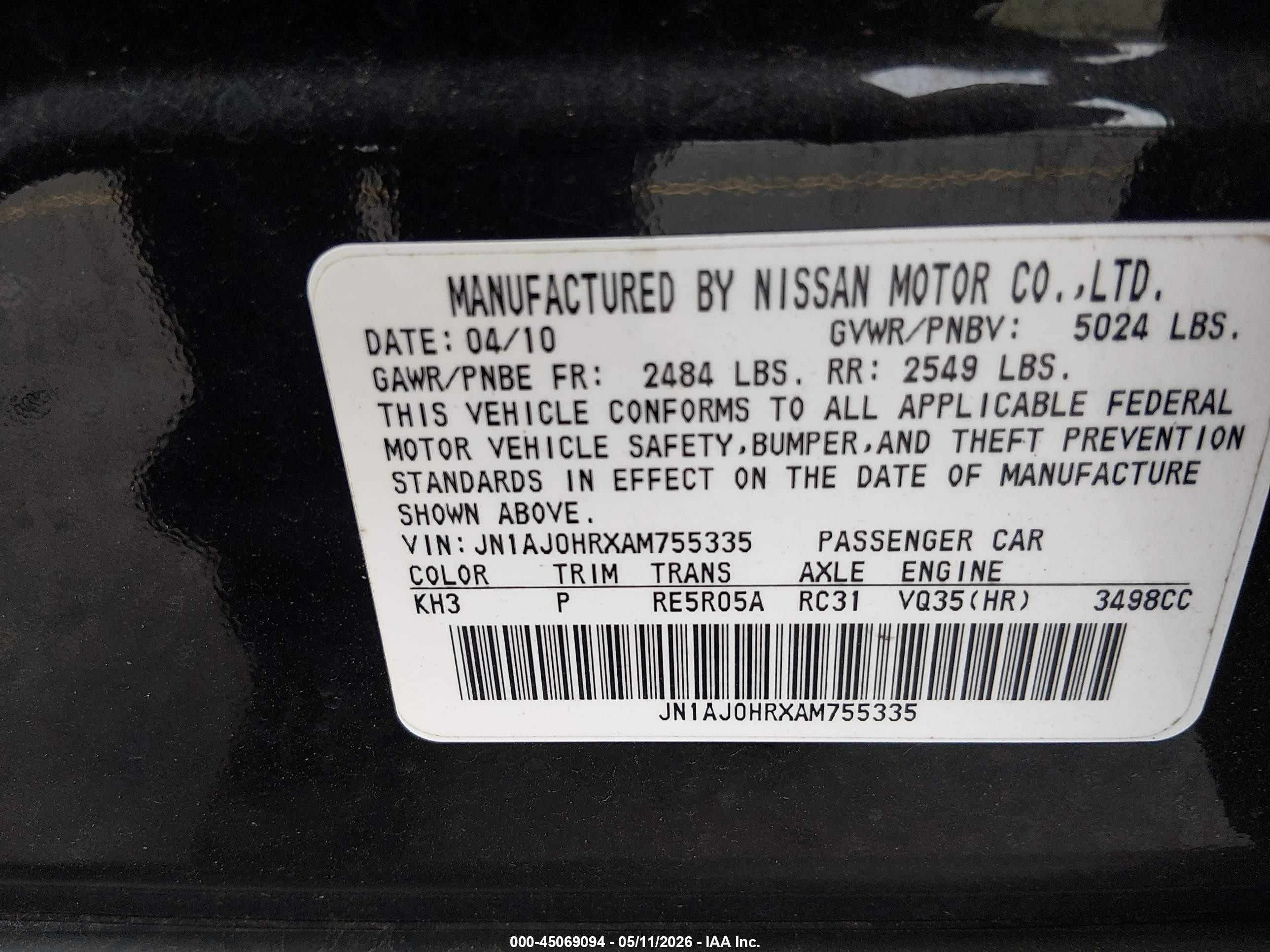 2010 Infiniti Ex35 Journey Black vin: JN1AJ0HRXAM755335