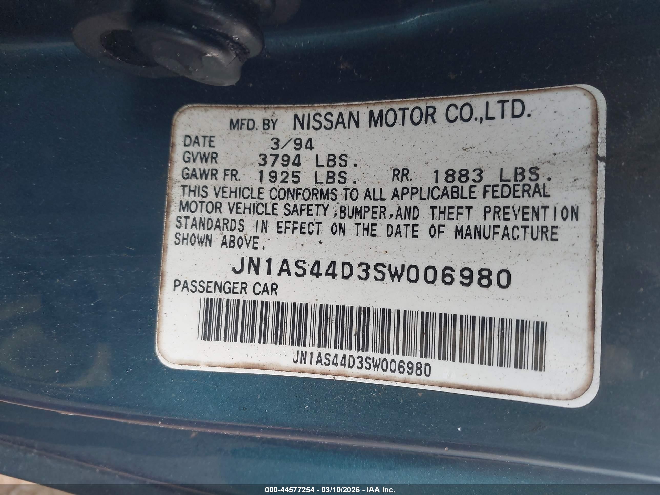 1995 Nissan 240sx Se Teal vin: JN1AS44D3SW006980