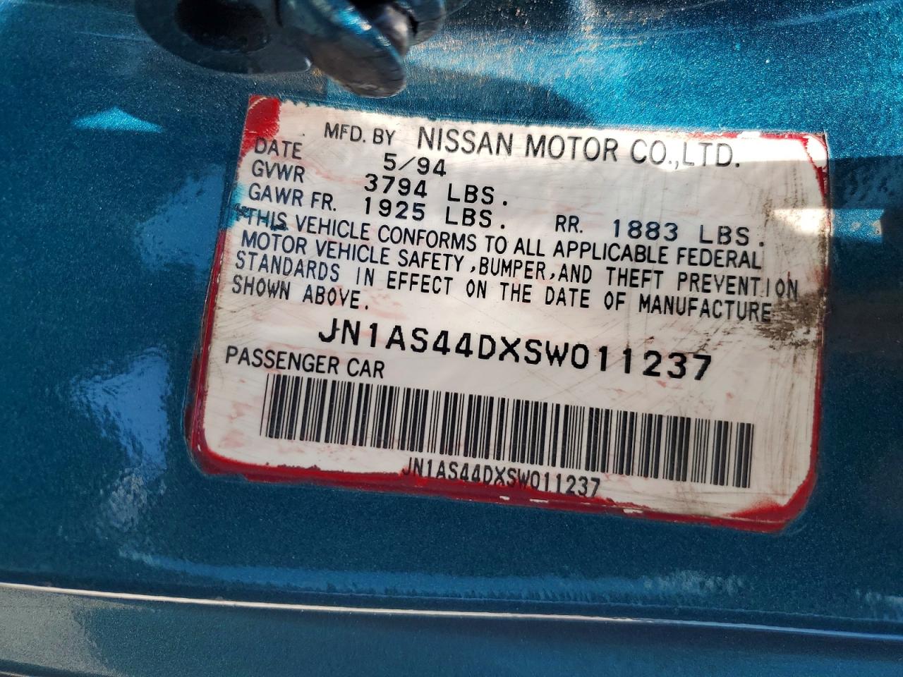1995 Nissan 240sx Base Turquoise vin: JN1AS44DXSW011237