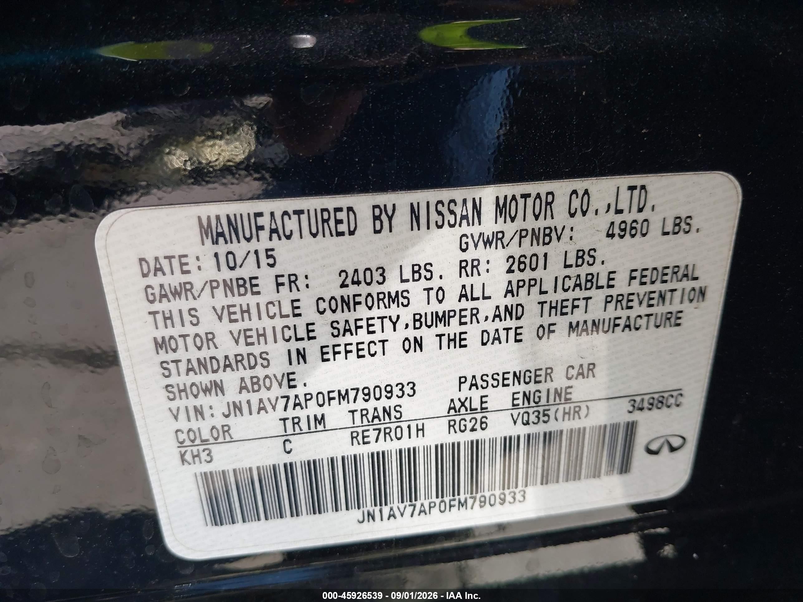 2015 Infiniti Q50 Hybrid Premium Black vin: JN1AV7AP0FM790933