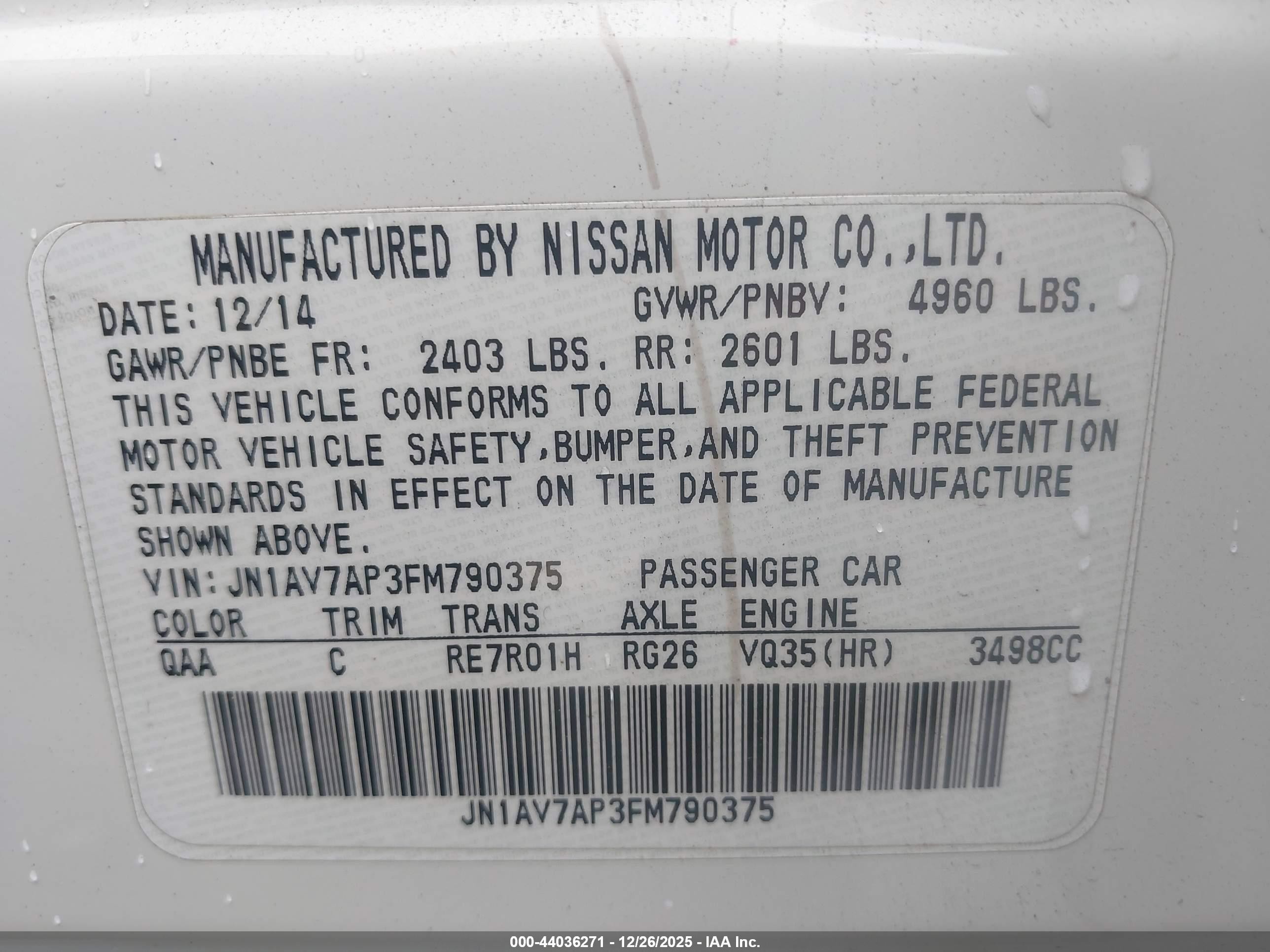 2015 Infiniti Q50 Hybrid Premium White vin: JN1AV7AP3FM790375