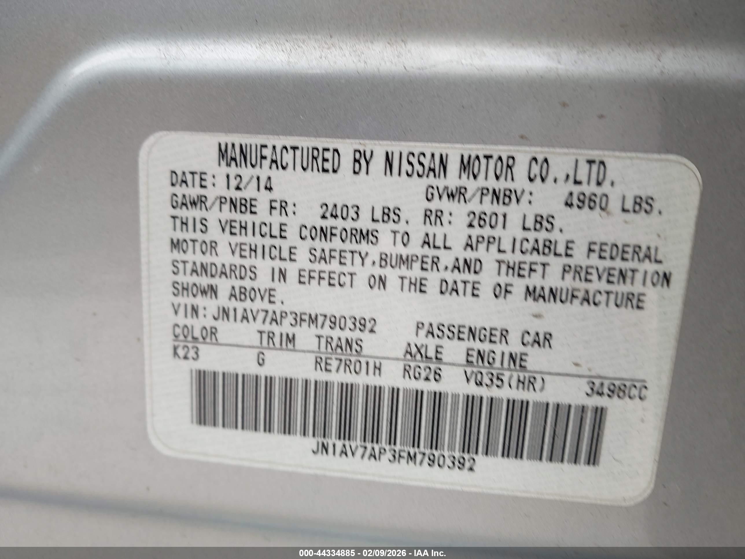 2015 Infiniti Q50 Hybrid Sport Gray vin: JN1AV7AP3FM790392