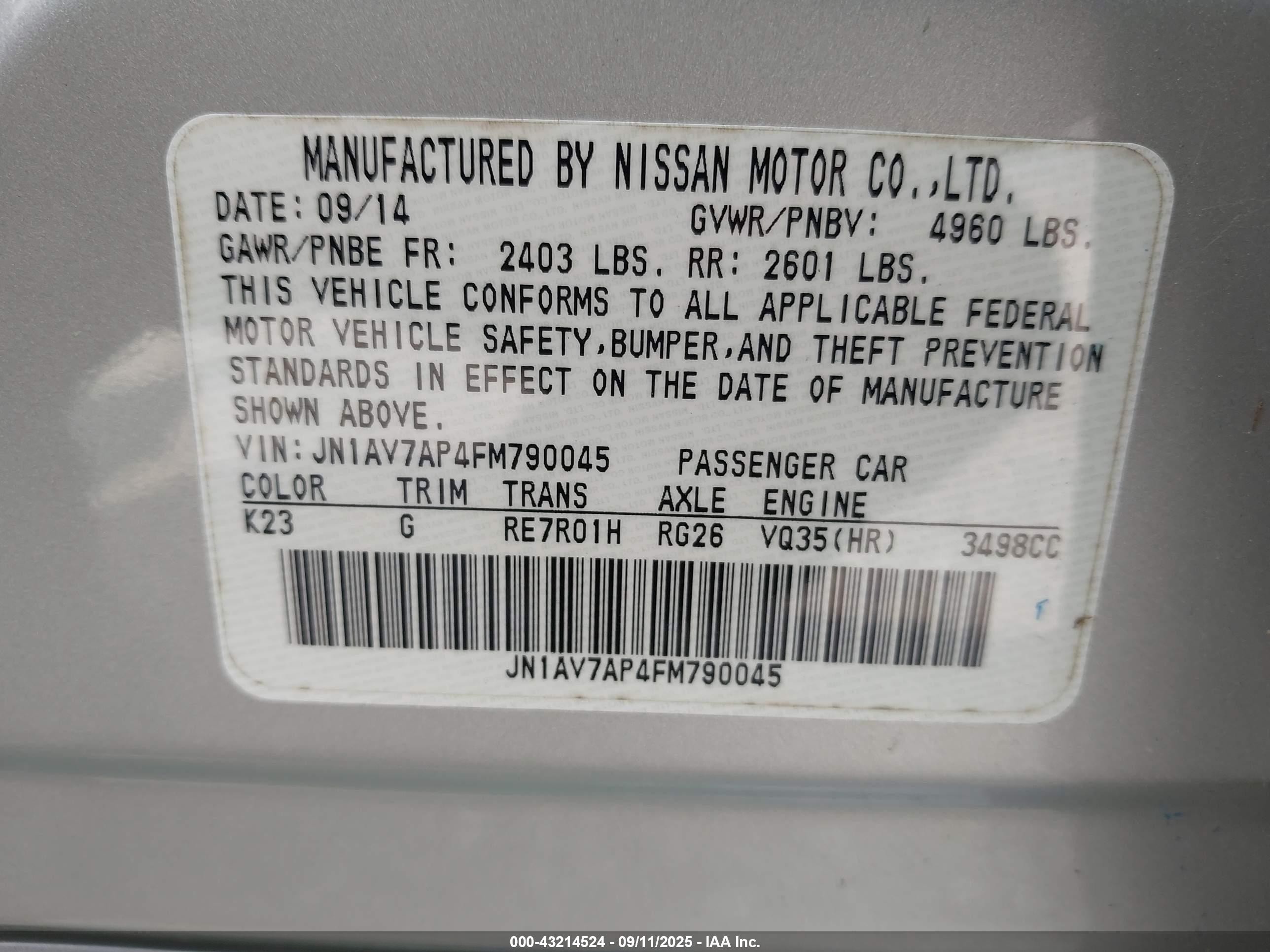 2015 Infiniti Q50 Hybrid Premium Silver vin: JN1AV7AP4FM790045