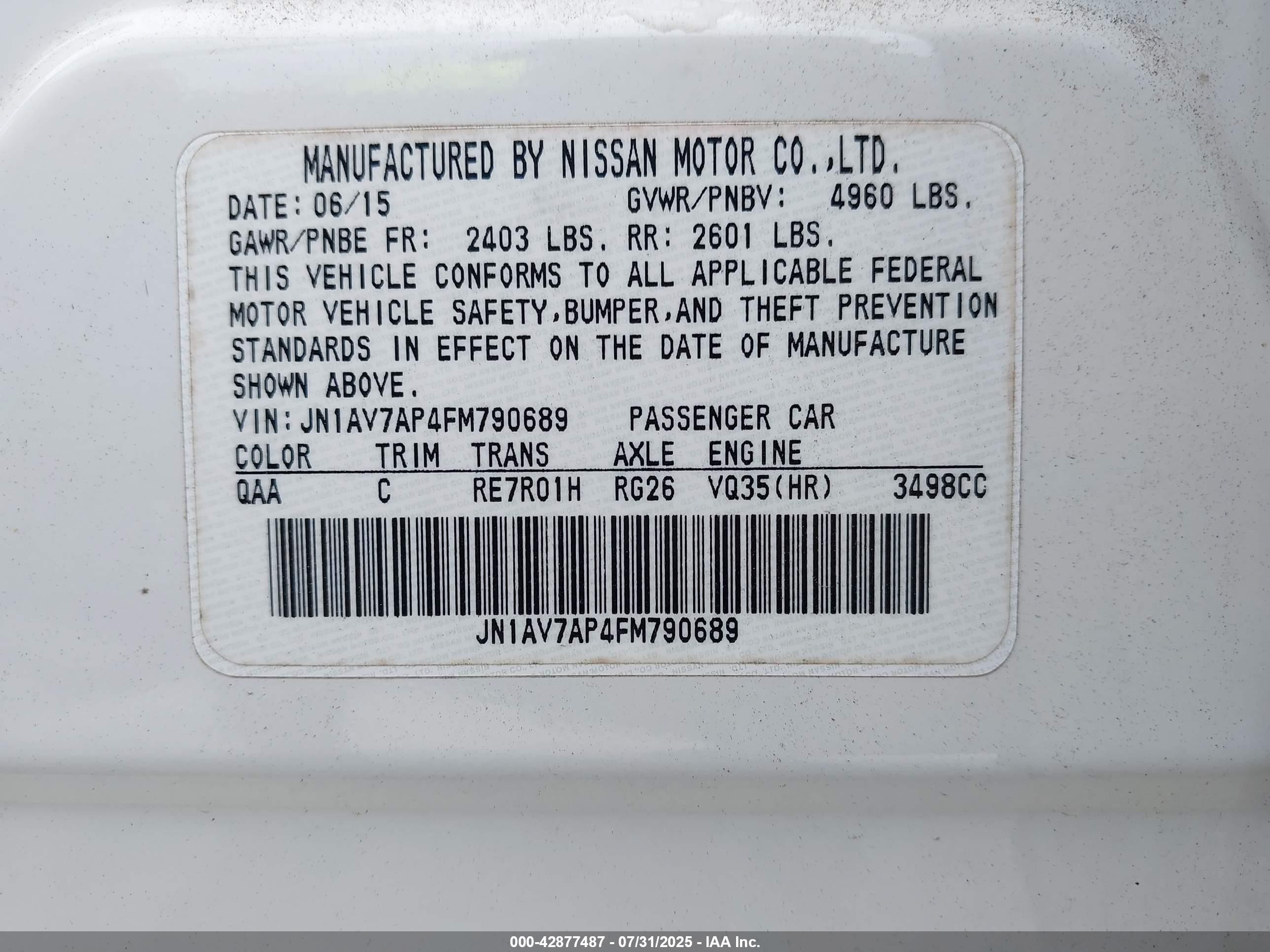 2015 Infiniti Q50 Hybrid Premium/sport White vin: JN1AV7AP4FM790689
