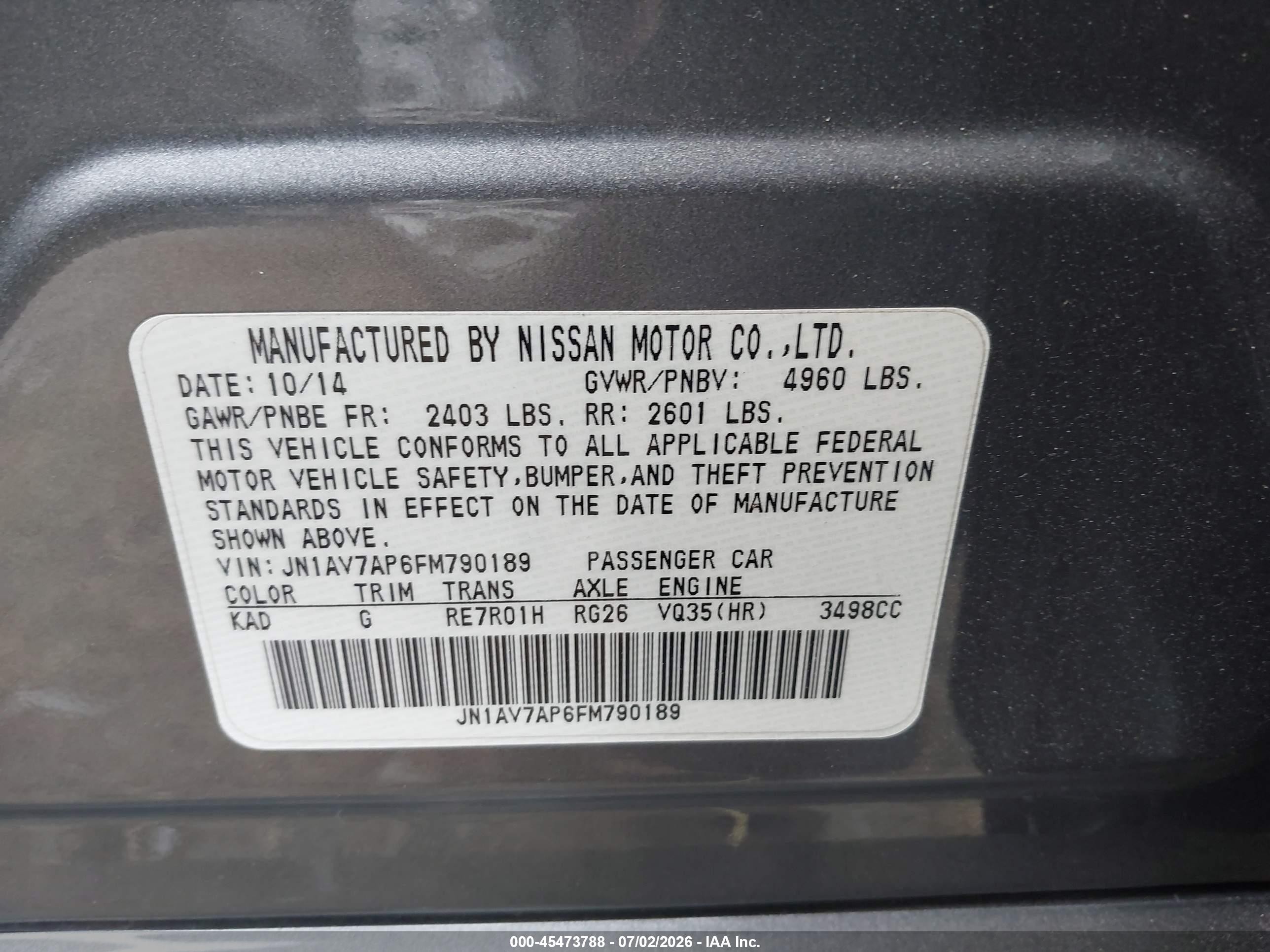 2015 Infiniti Q50 Hybrid Premium Gray vin: JN1AV7AP6FM790189