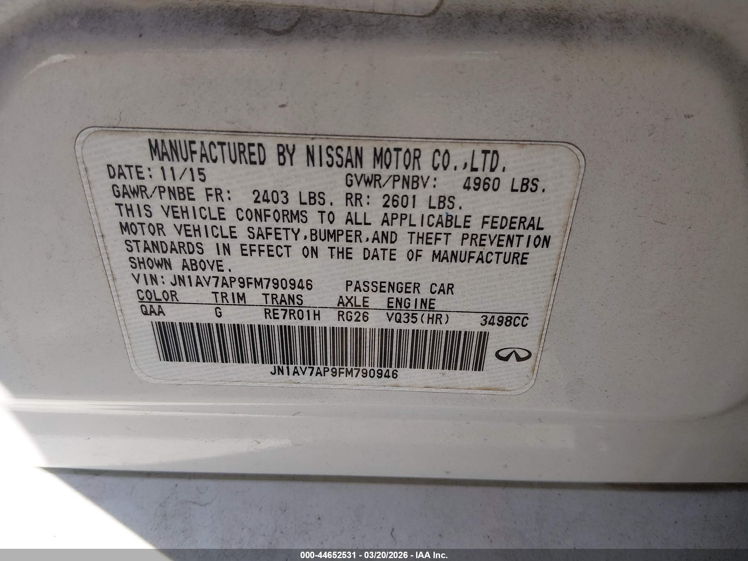 2015 Infiniti Q50 Hybrid Sport White vin: JN1AV7AP9FM790946