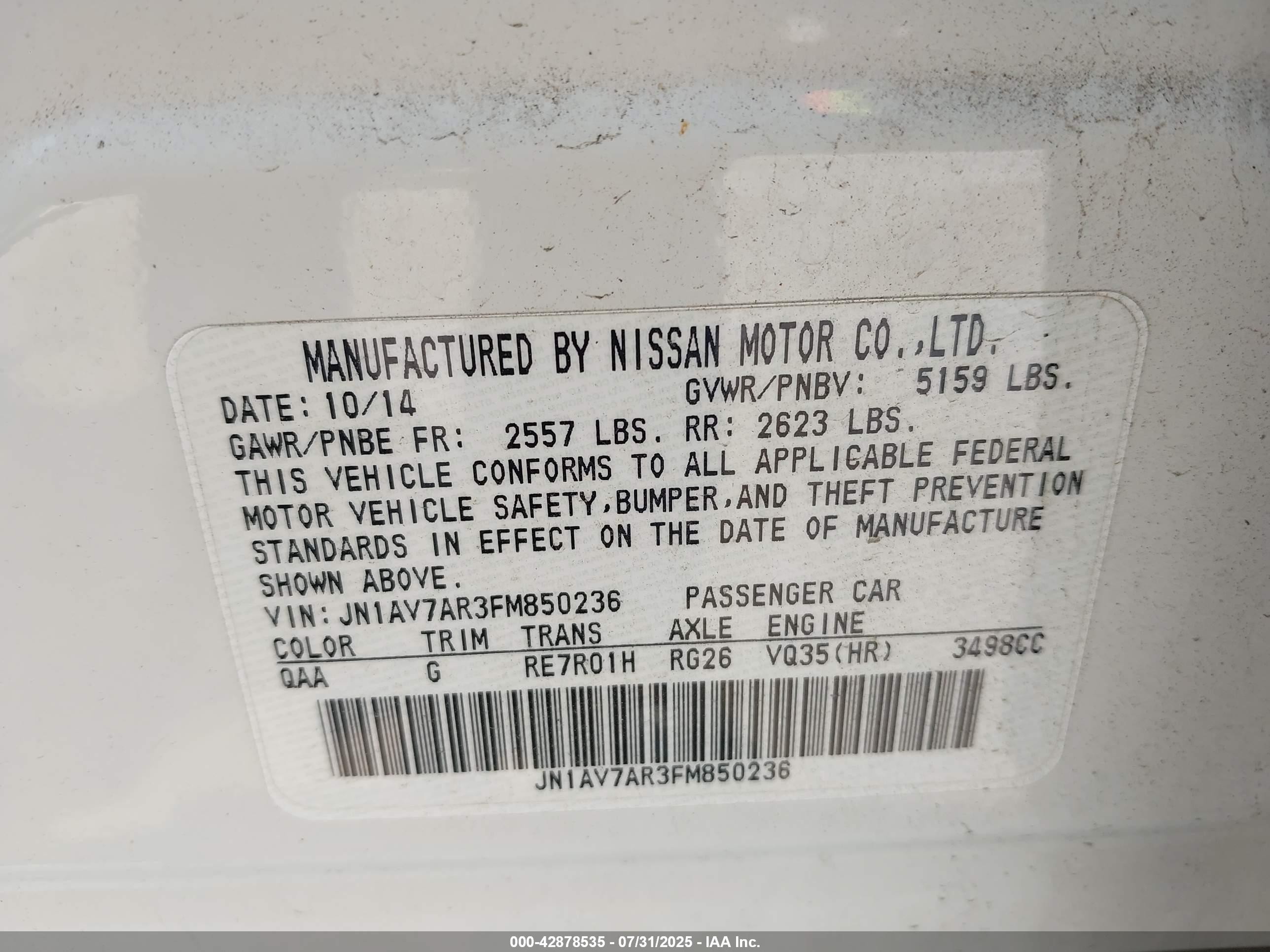 2015 Infiniti Q50 Hybrid Sport White vin: JN1AV7AR3FM850236