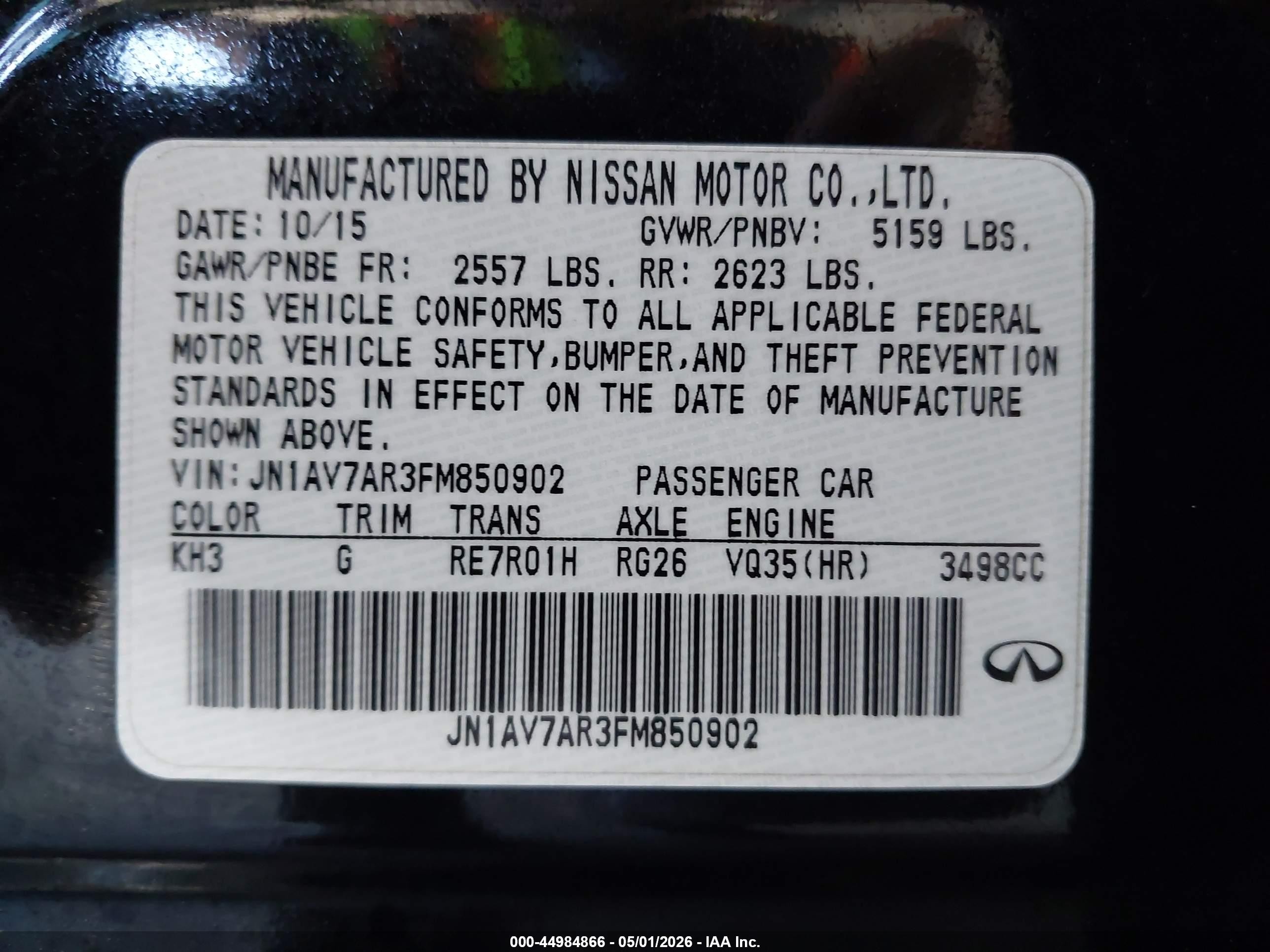 2015 Infiniti Q50 Hybrid Sport Black vin: JN1AV7AR3FM850902