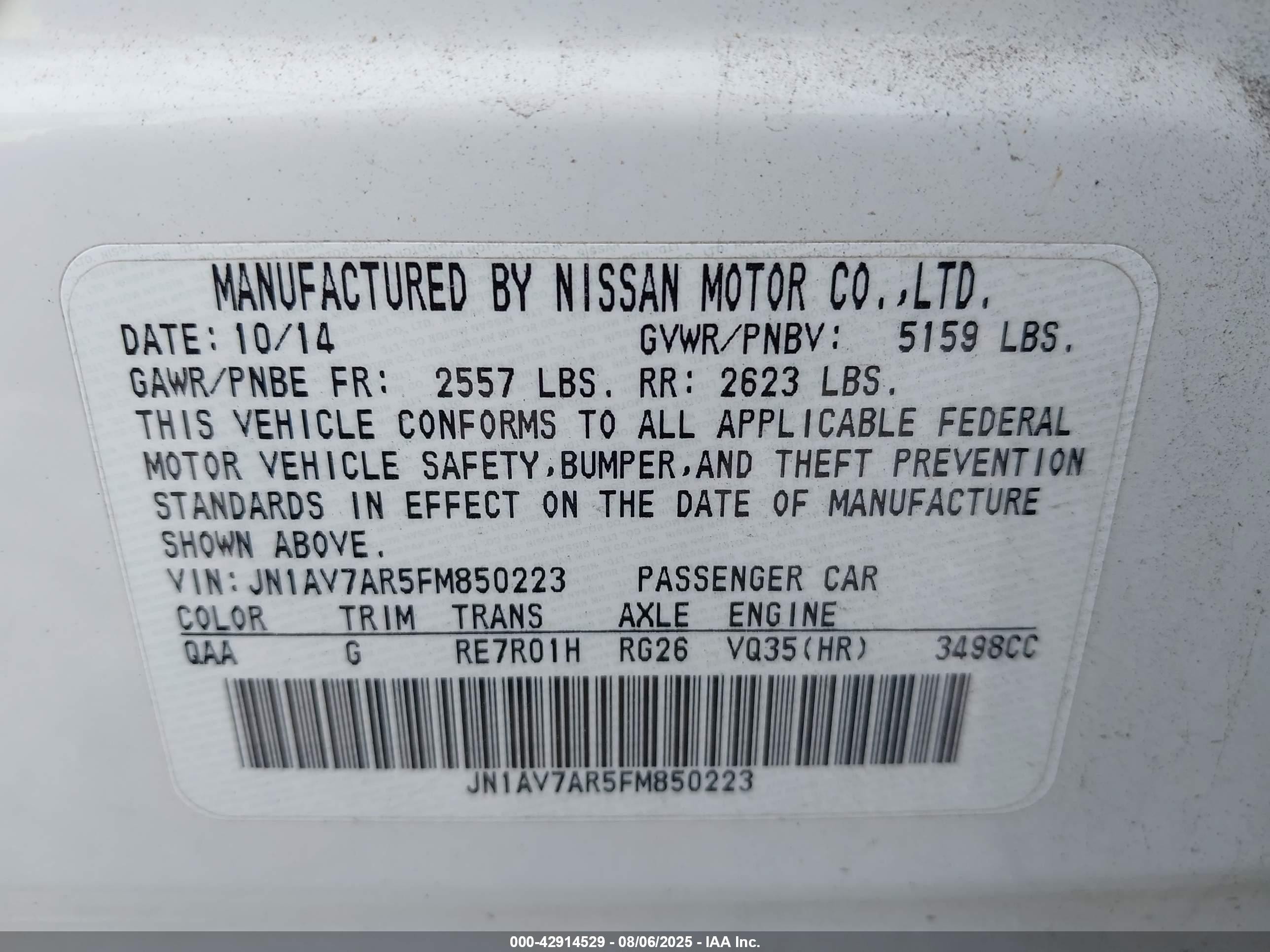 2015 Infiniti Q50 Hybrid Sport White vin: JN1AV7AR5FM850223