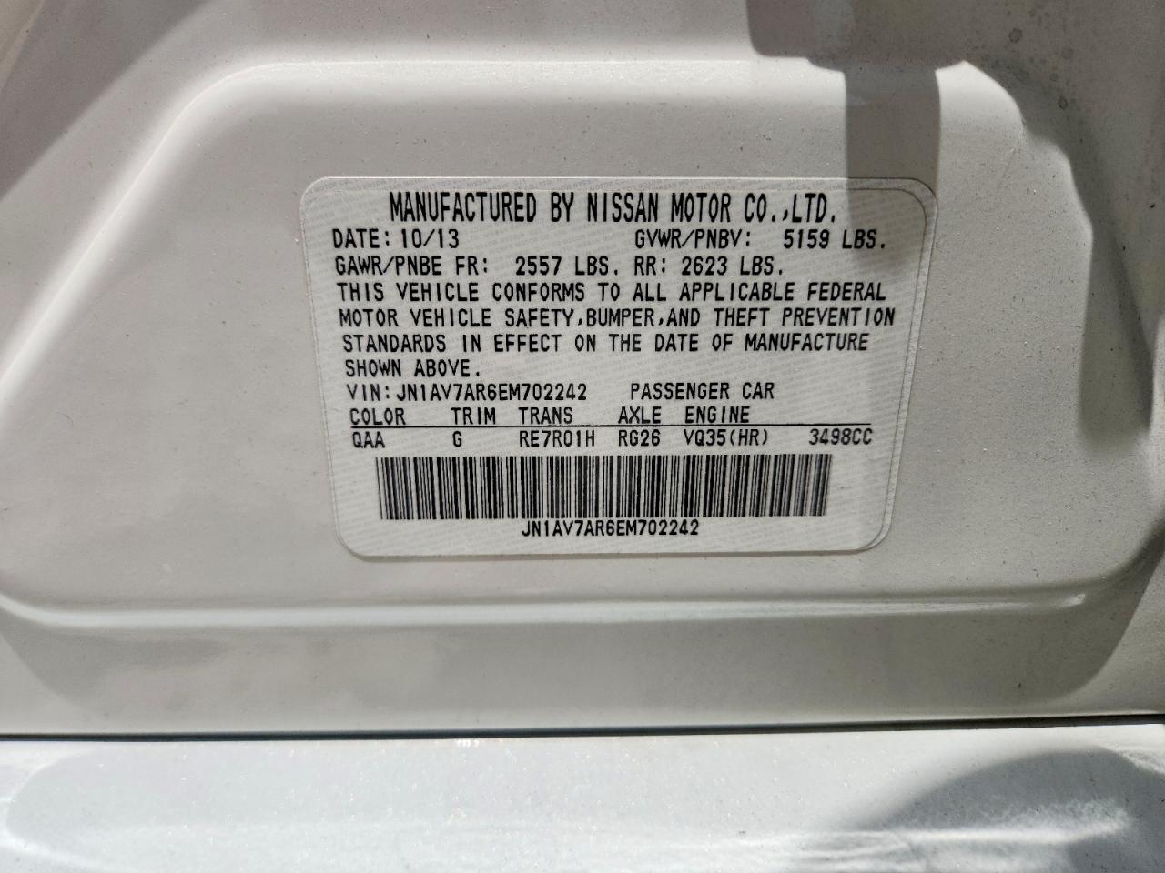 2014 Infiniti Q50 Hybrid Sport White vin: JN1AV7AR6EM702242