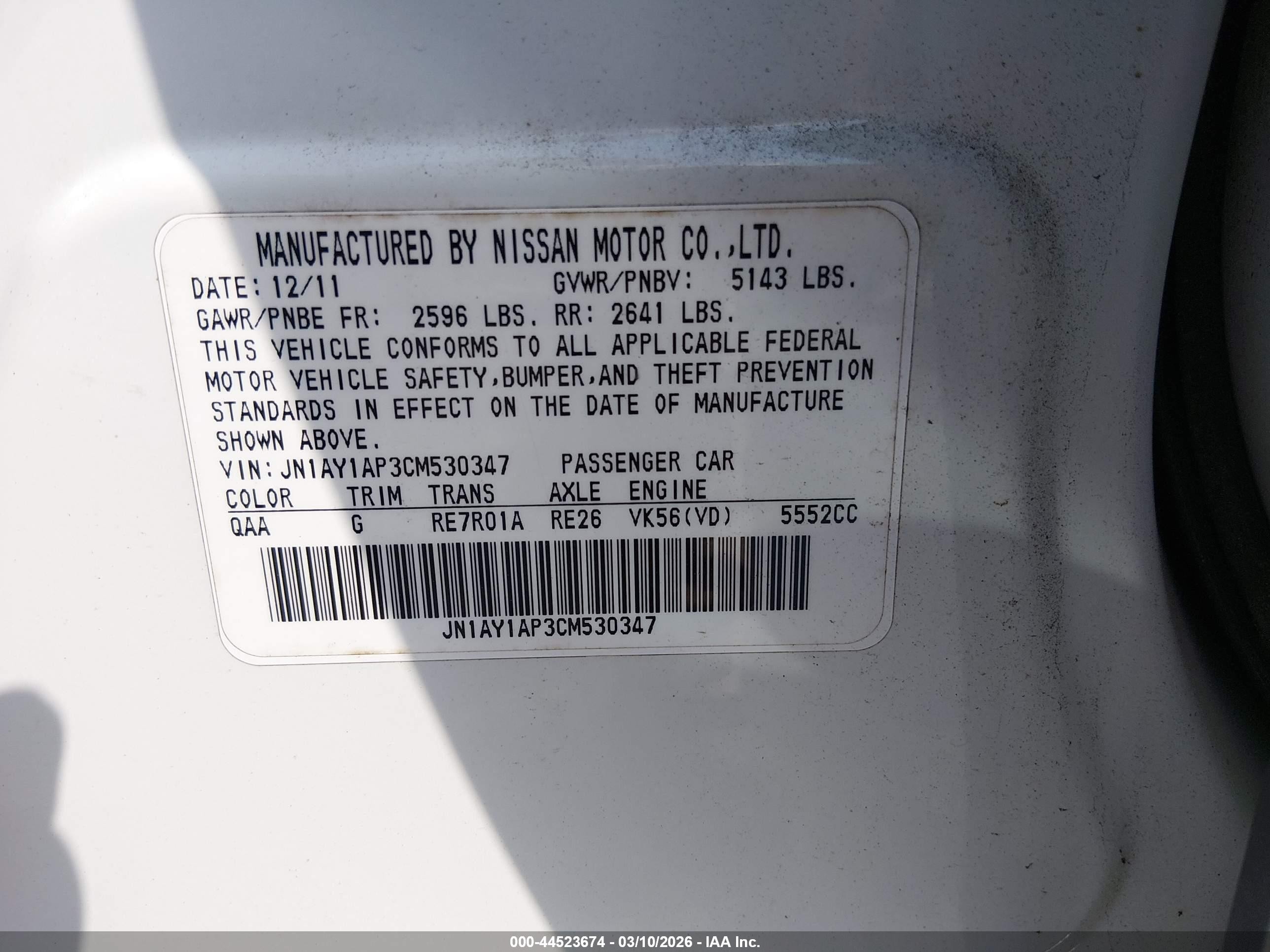 2012 Infiniti M56   White vin: JN1AY1AP3CM530347