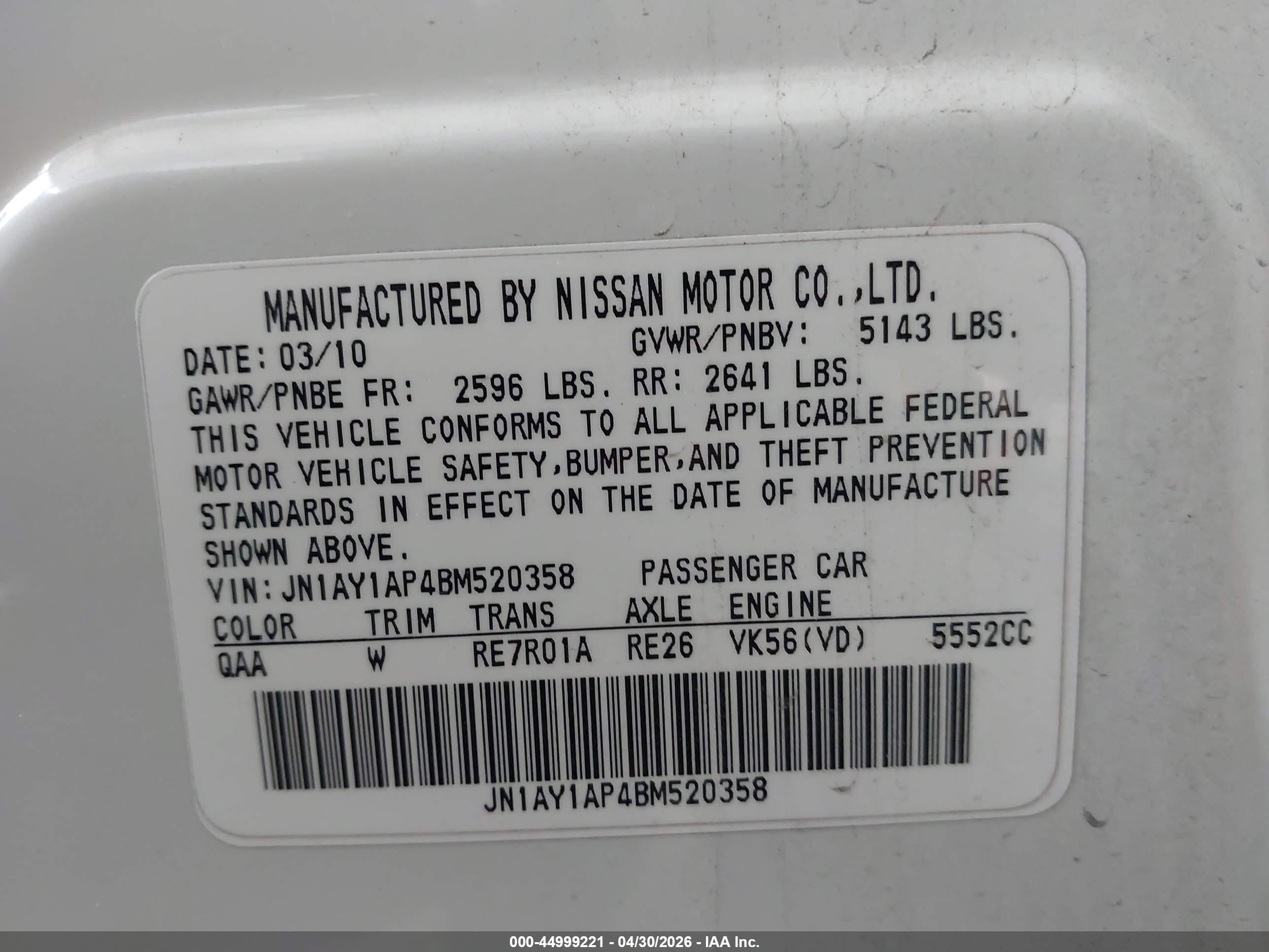 2011 Infiniti M56   White vin: JN1AY1AP4BM520358
