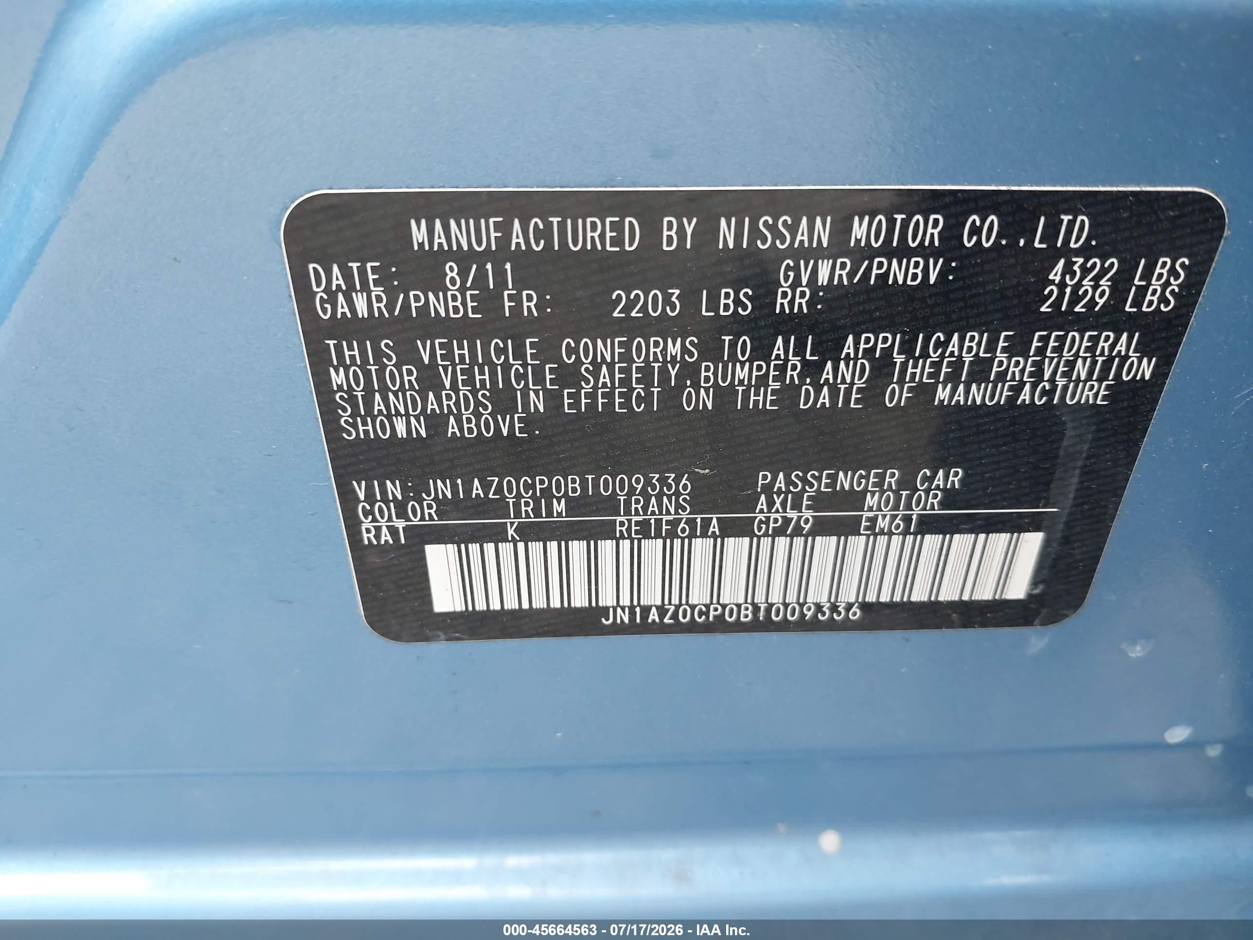 2011 Nissan Leaf Sl Blue vin: JN1AZ0CP0BT009336