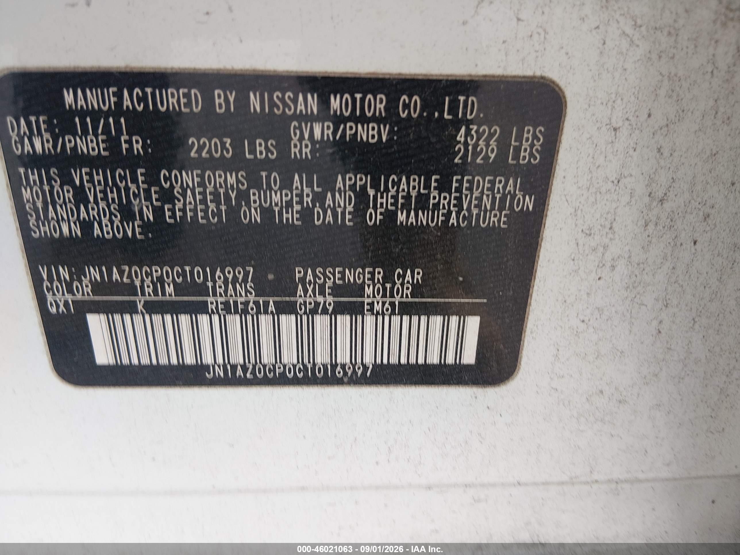 2012 Nissan Leaf Sl White vin: JN1AZ0CP0CT016997