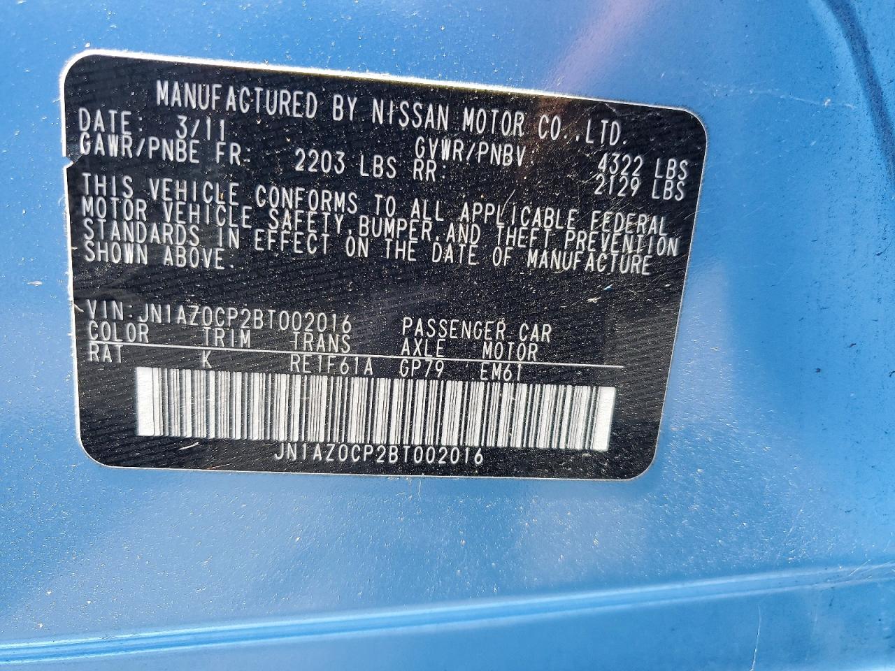2011 Nissan Leaf Sv Blue vin: JN1AZ0CP2BT002016