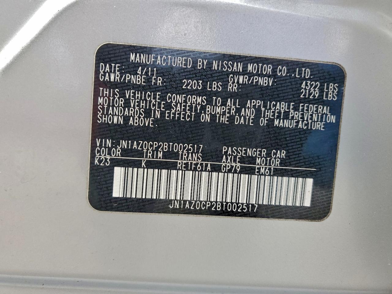 2011 Nissan Leaf Sv Gray vin: JN1AZ0CP2BT002517
