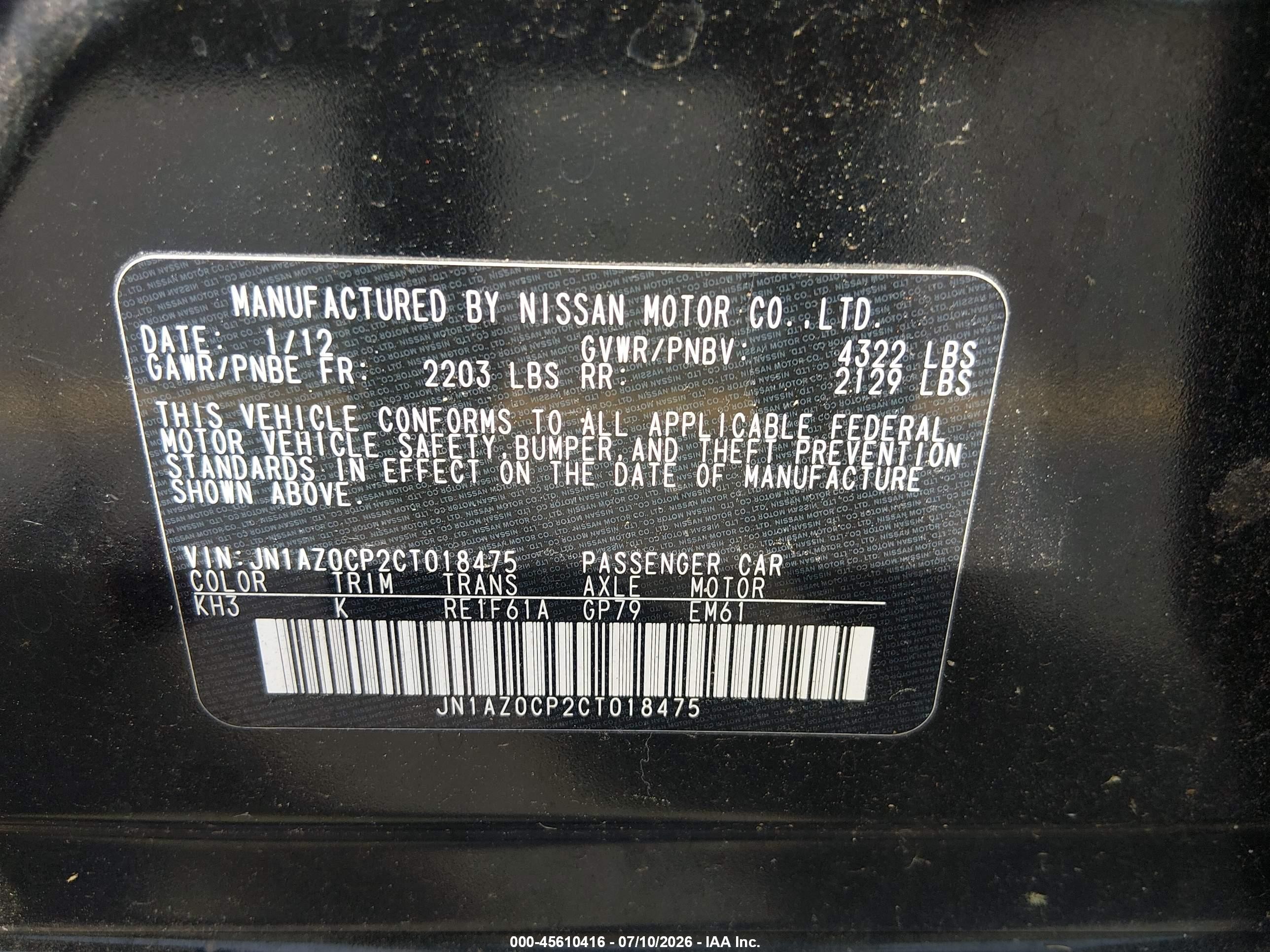 2012 Nissan Leaf Sl Black vin: JN1AZ0CP2CT018475