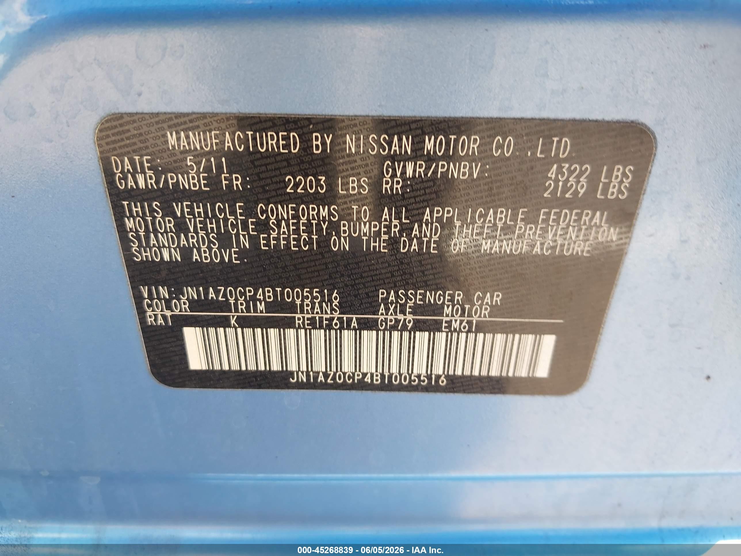 2011 Nissan Leaf Sl Blue vin: JN1AZ0CP4BT005516