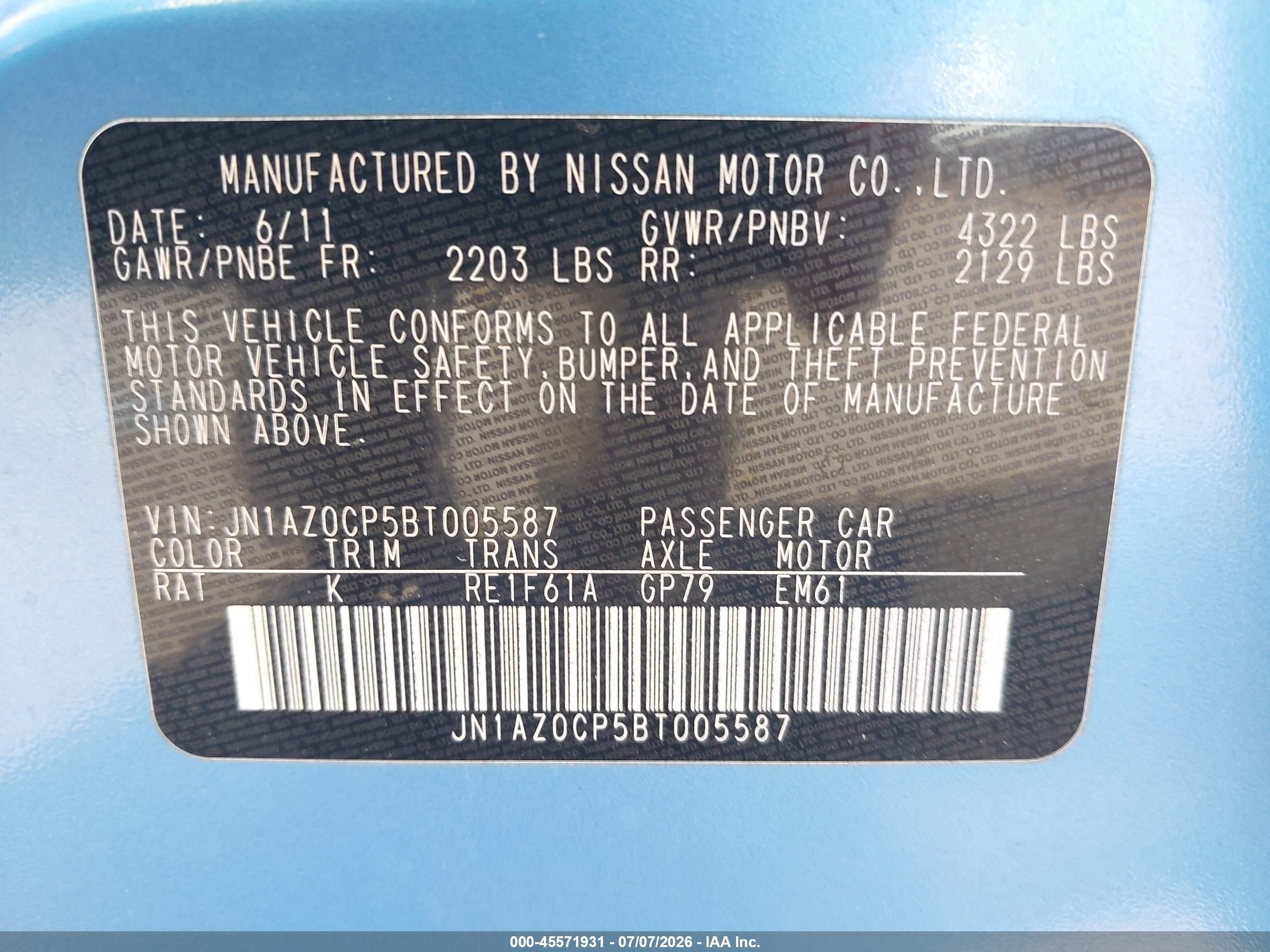 2011 Nissan Leaf Sl Синий vin: JN1AZ0CP5BT005587