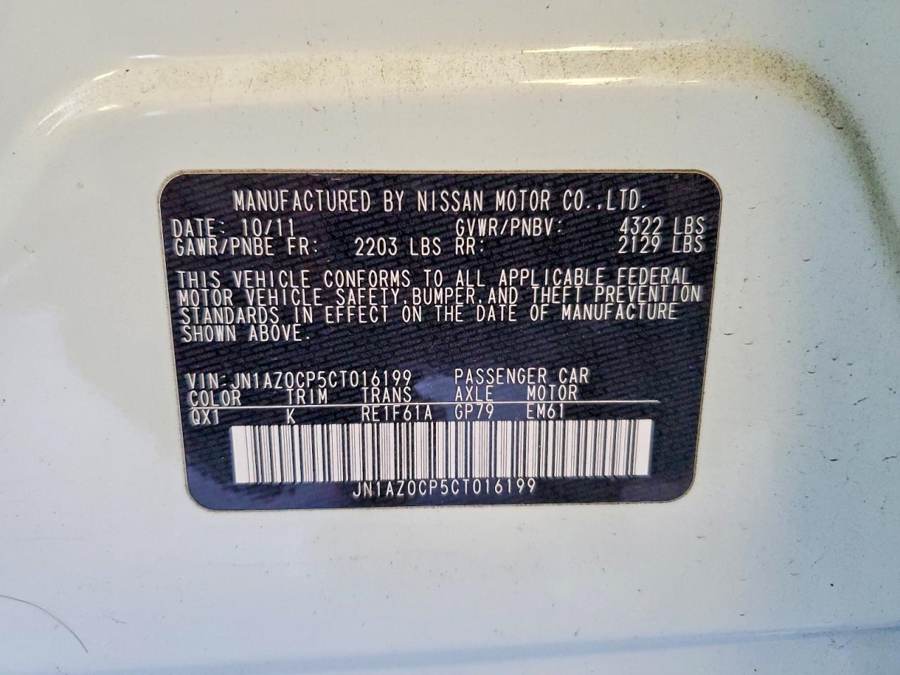 2012 Nissan Leaf Sv White vin: JN1AZ0CP5CT016199