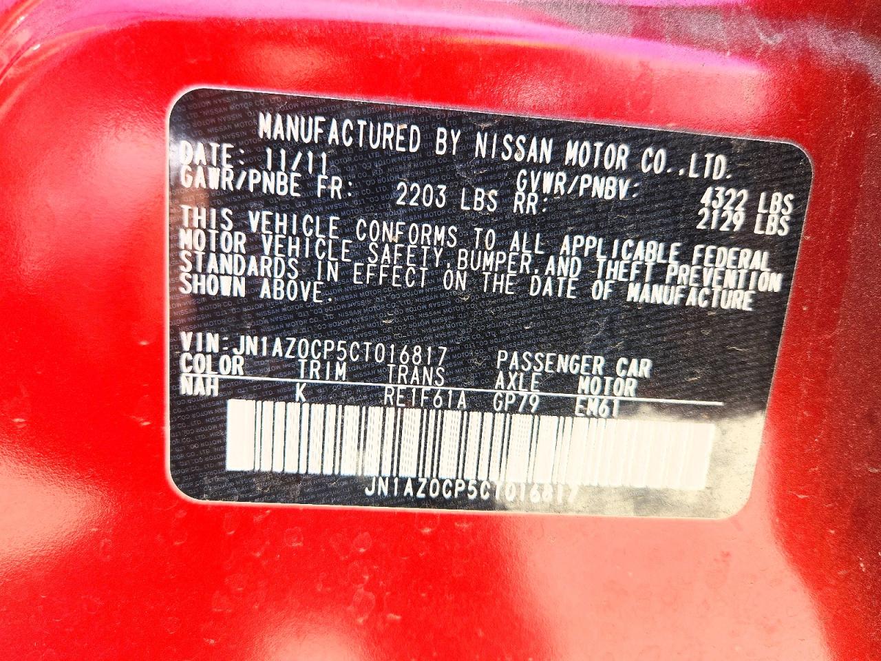 2012 Nissan Leaf Sv Burgundy vin: JN1AZ0CP5CT016817