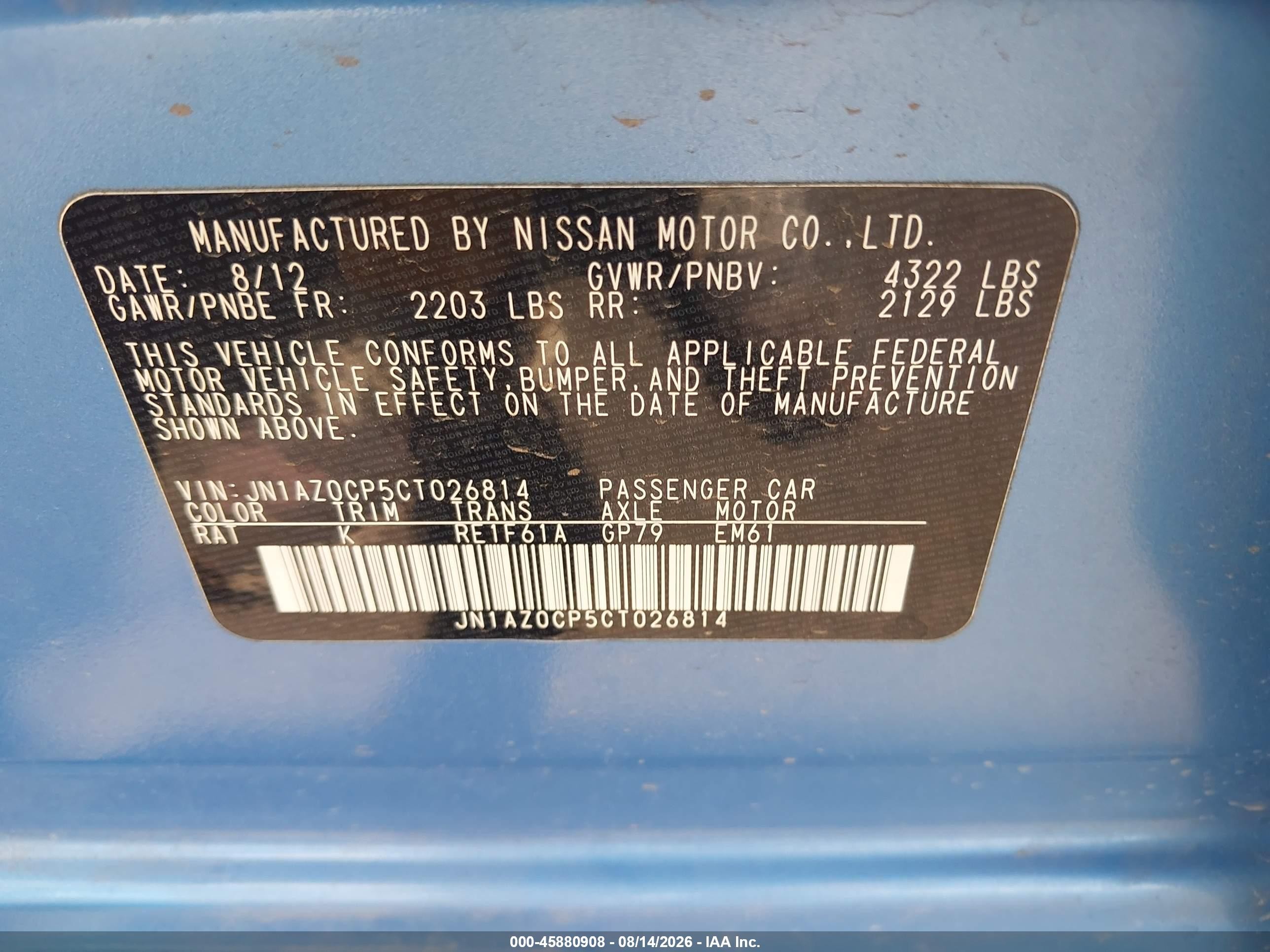 2012 Nissan Leaf Sl Light Blue vin: JN1AZ0CP5CT026814