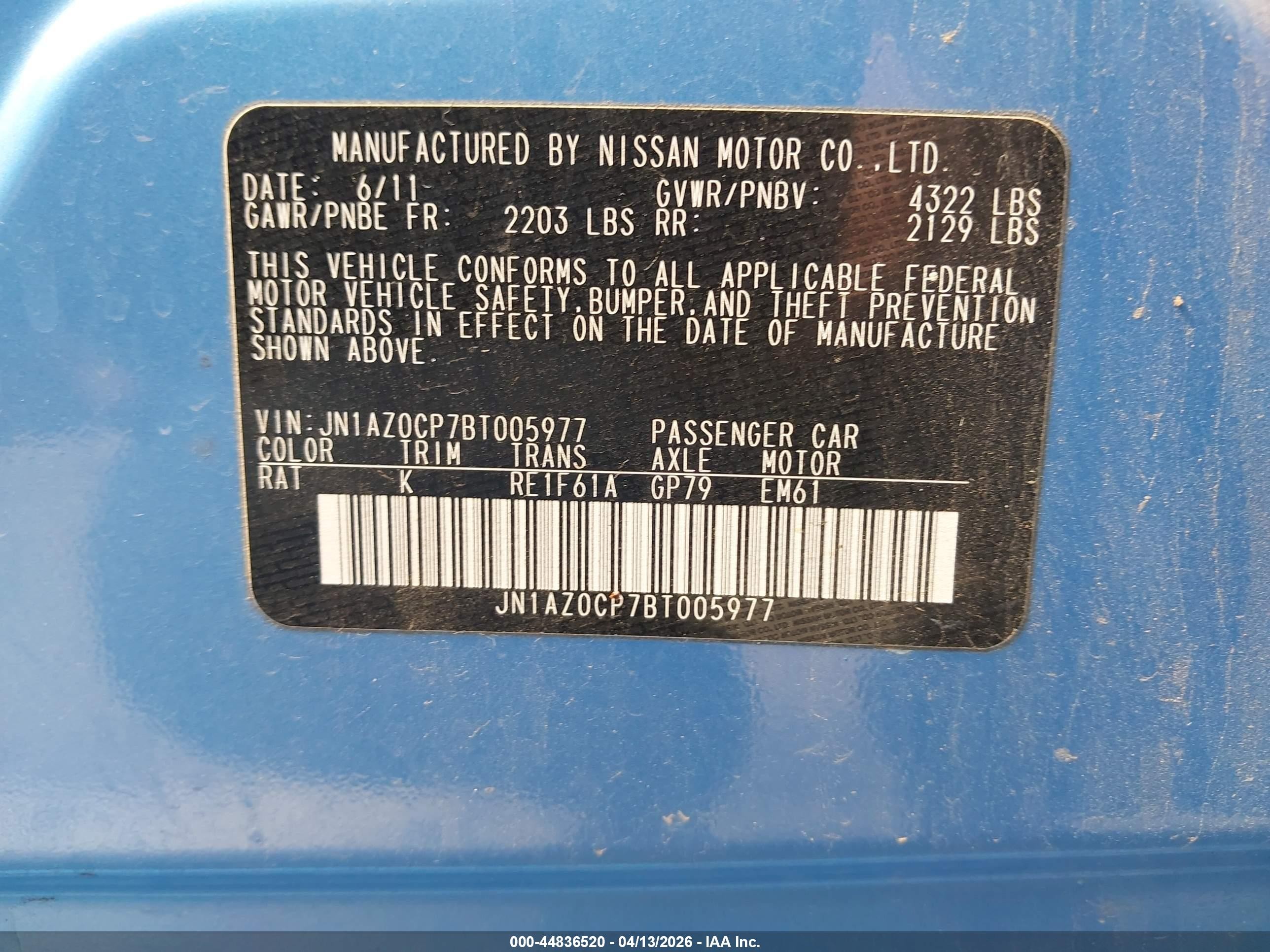 2011 Nissan Leaf Sl Blue vin: JN1AZ0CP7BT005977