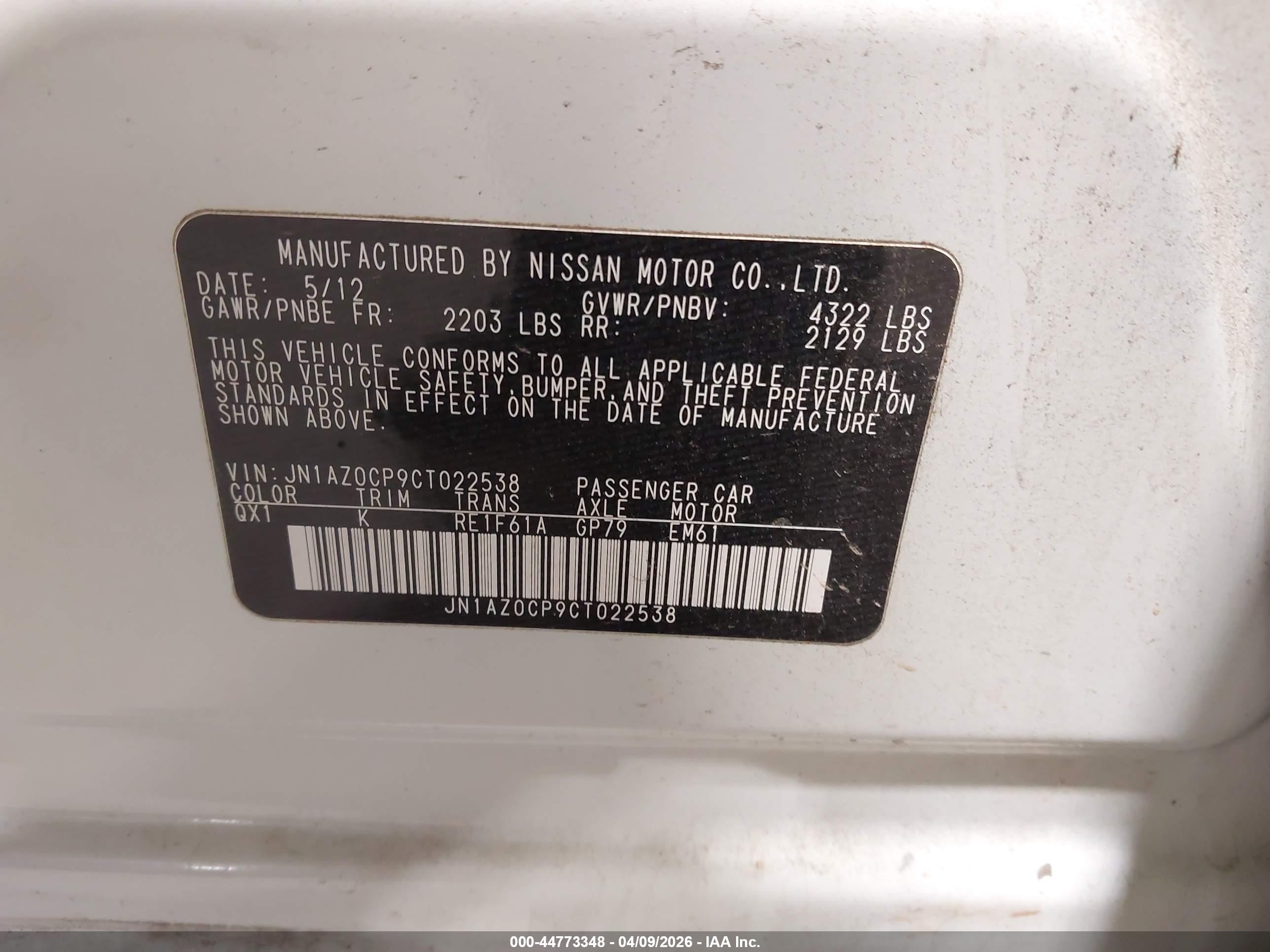 2012 Nissan Leaf Sl White vin: JN1AZ0CP9CT022538