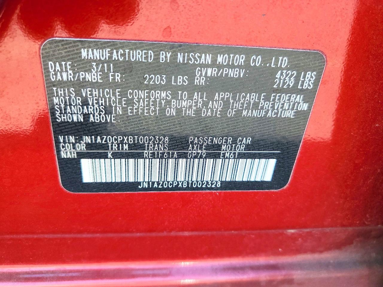2011 Nissan Leaf Sv Red vin: JN1AZ0CPXBT002328