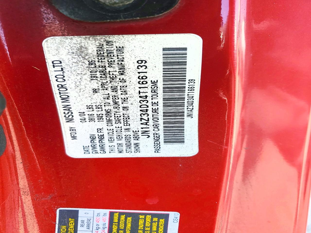 2004 Nissan 350z Coupe Red vin: JN1AZ34D34T166139