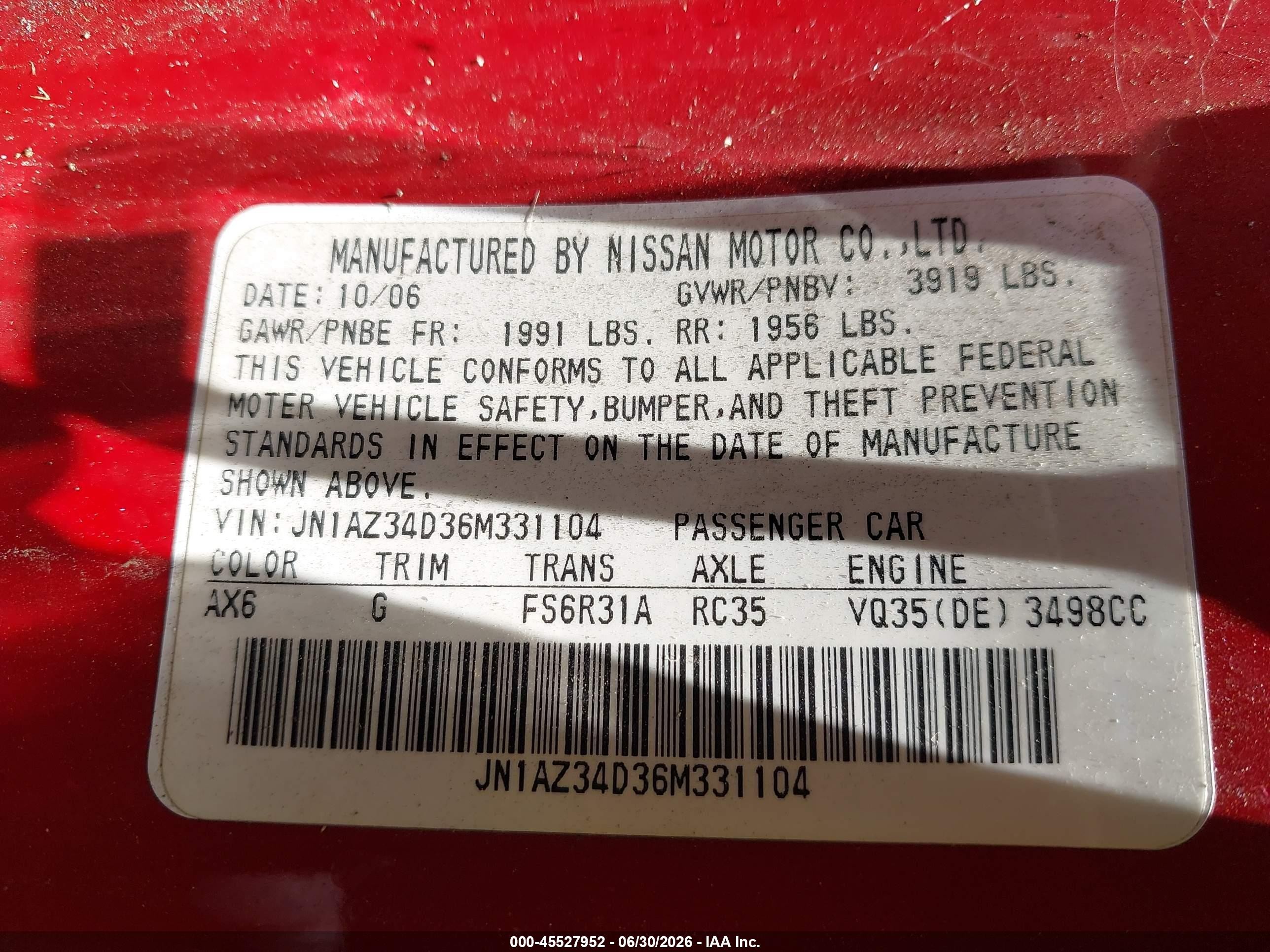 2006 Nissan 350z   Red vin: JN1AZ34D36M331104