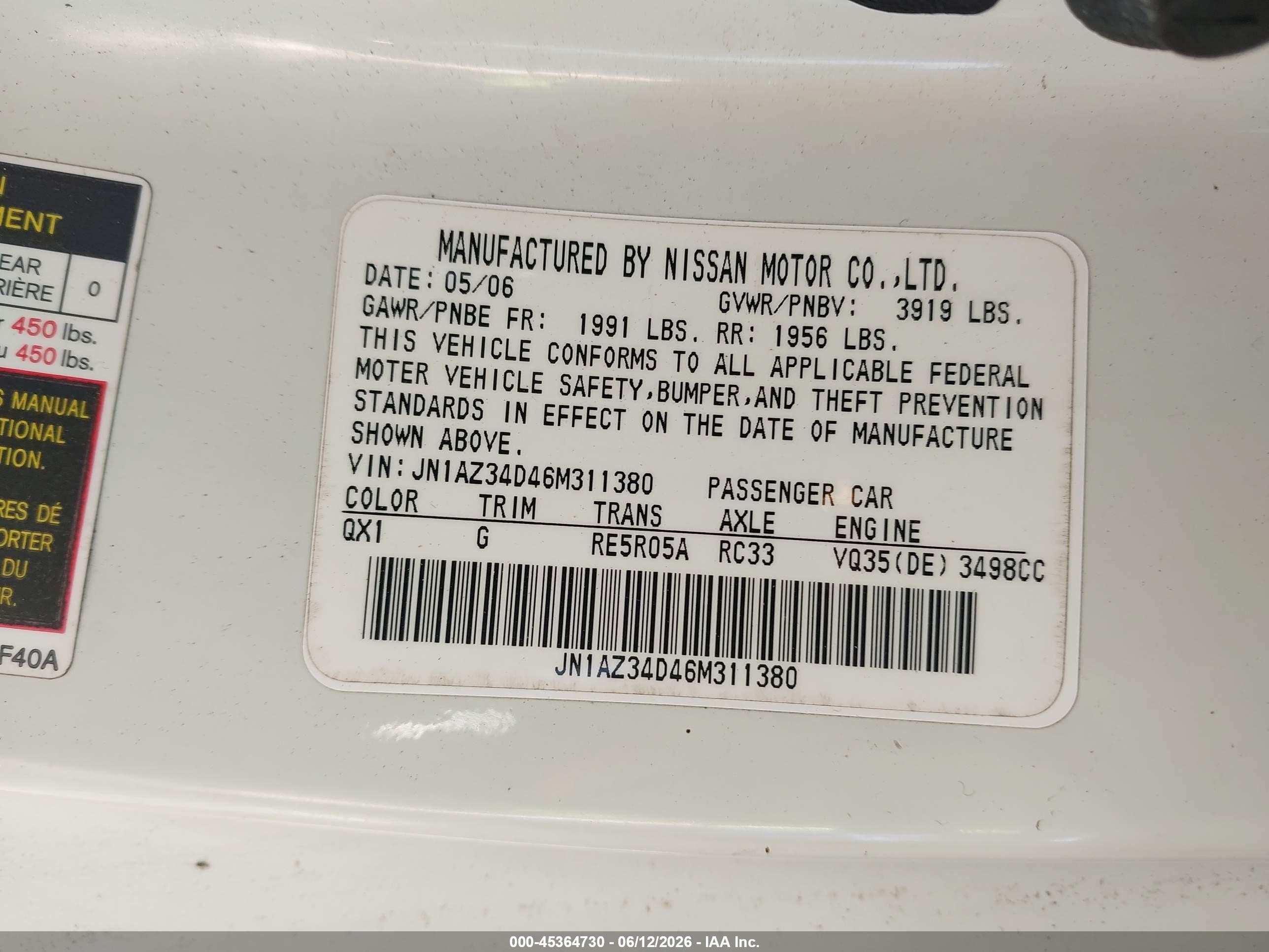 2006 Nissan 350z Enthusiast Белый vin: JN1AZ34D46M311380