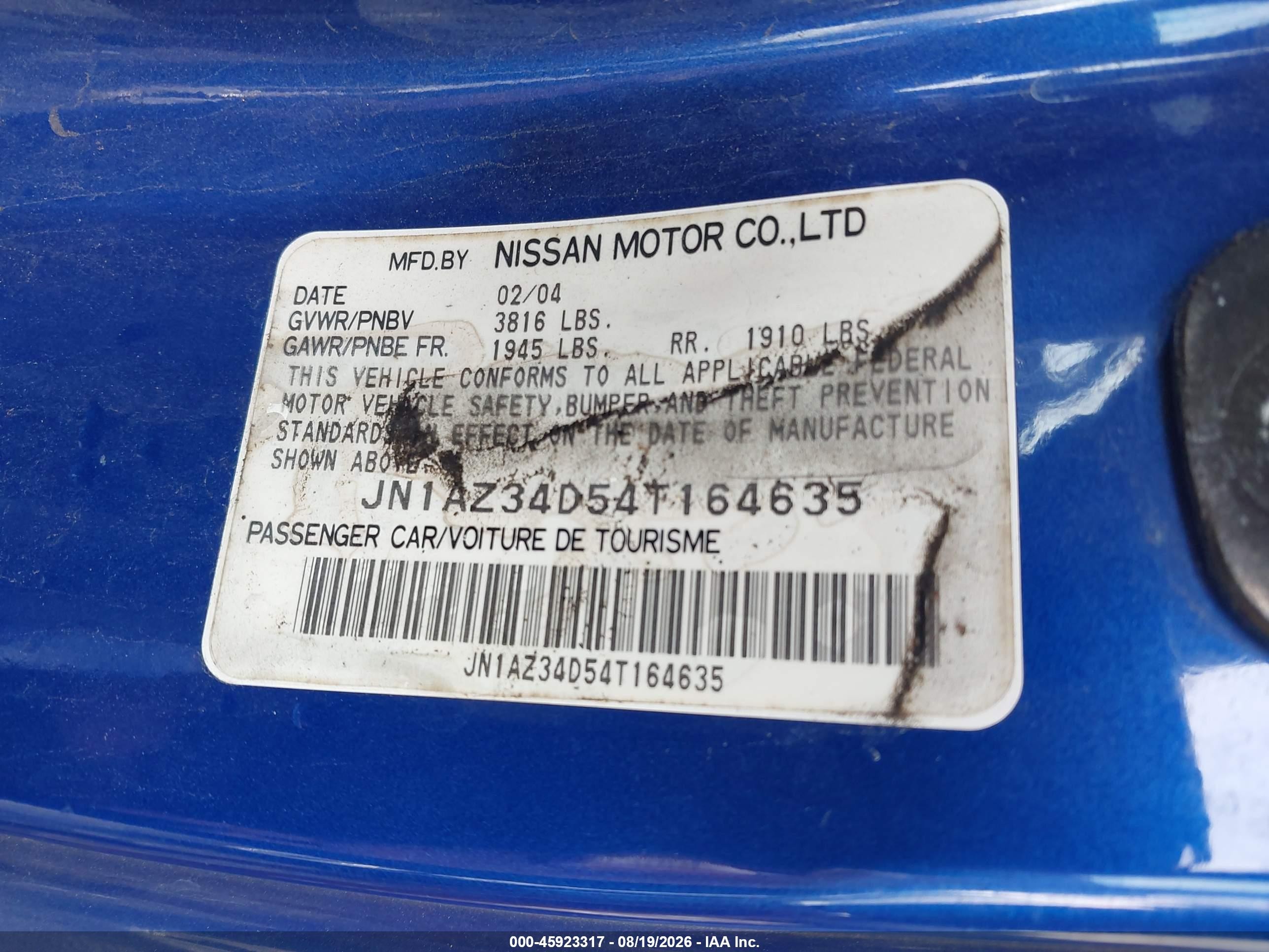2004 Nissan 350z Enthusiast Blue vin: JN1AZ34D54T164635