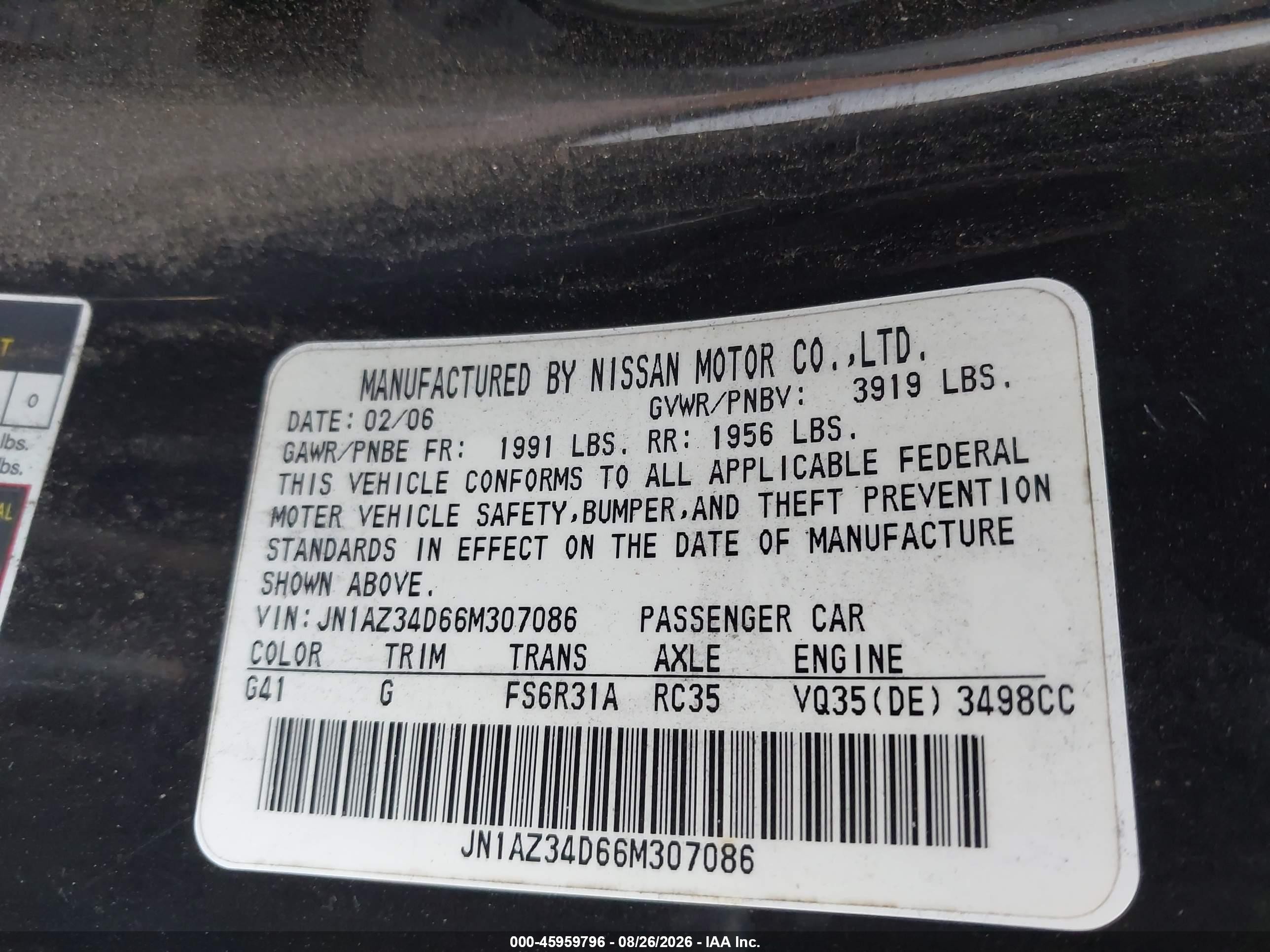 2006 Nissan 350z Touring Black vin: JN1AZ34D66M307086