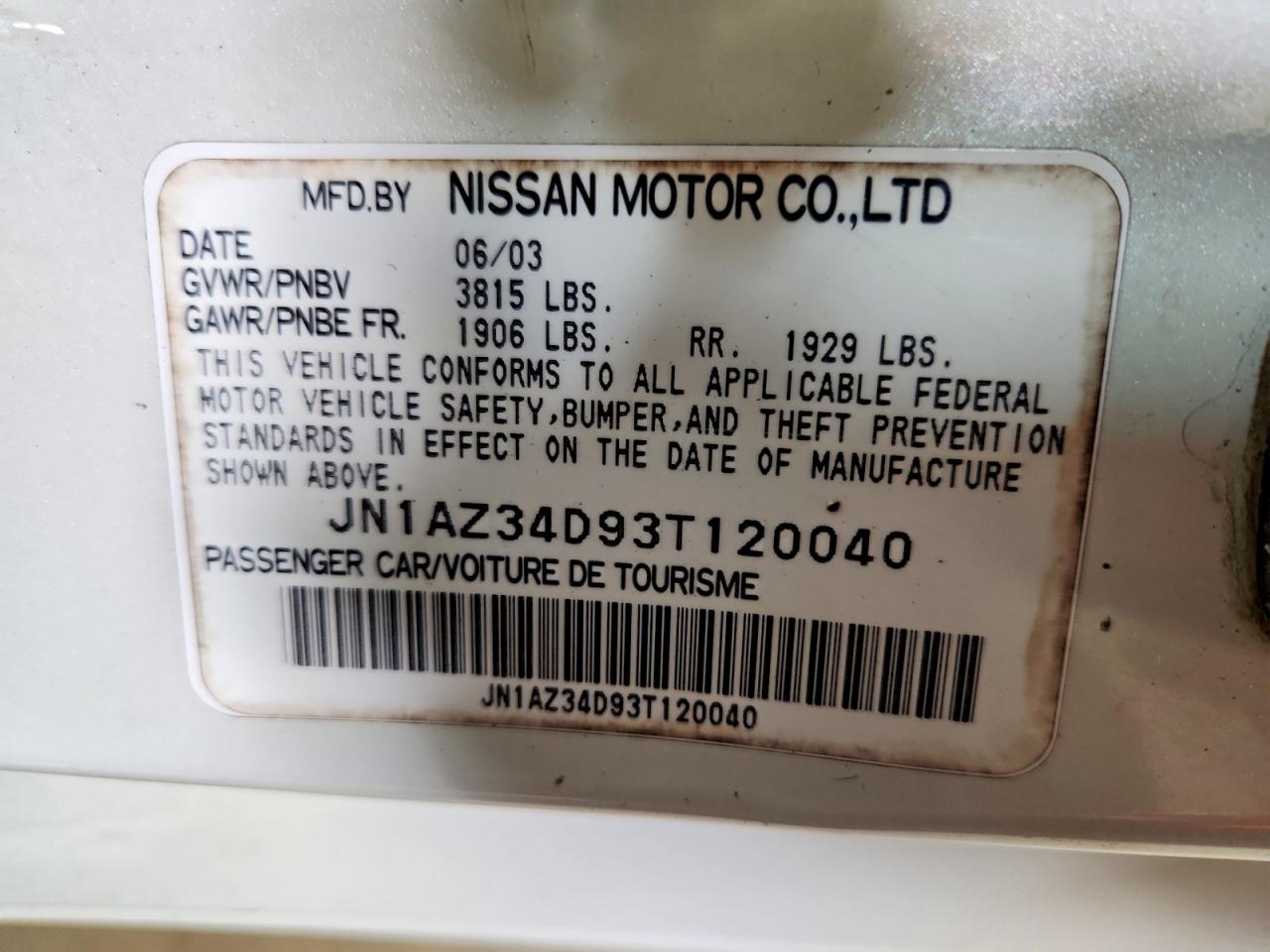 2003 Nissan 350z Coupe White vin: JN1AZ34D93T120040
