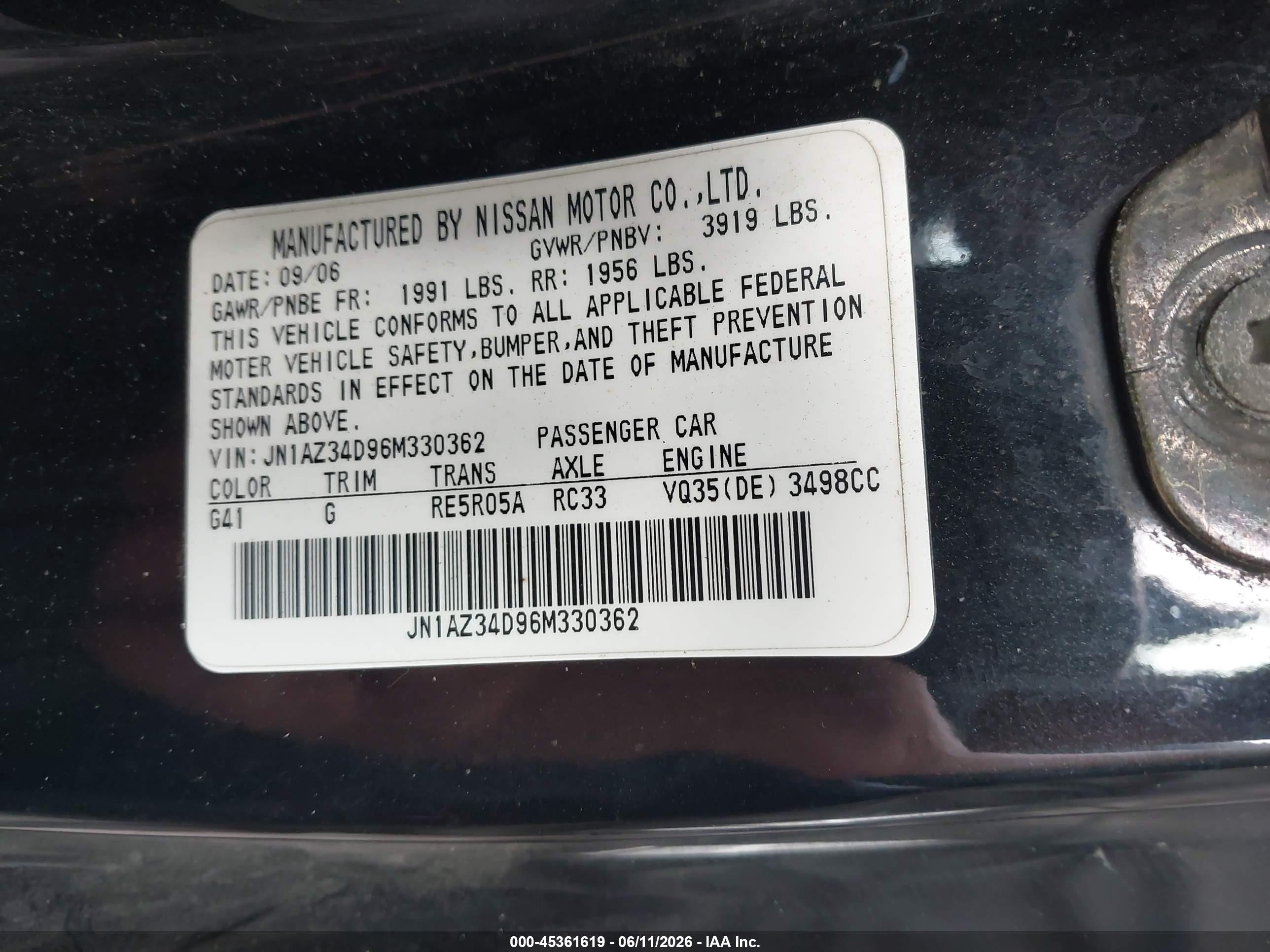 2006 Nissan 350z Touring Black vin: JN1AZ34D96M330362