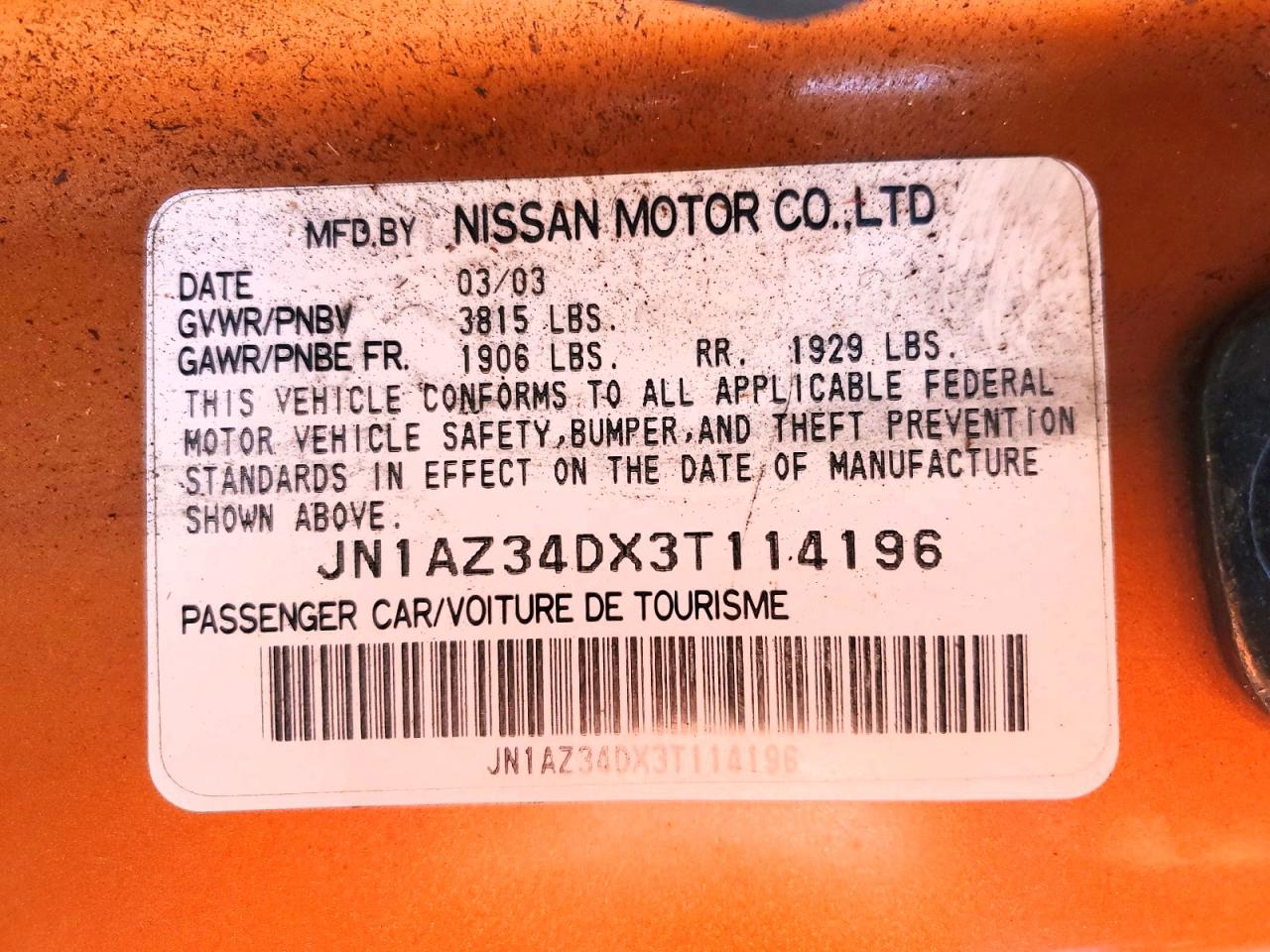 2003 Nissan 350z Coupe Orange vin: JN1AZ34DX3T114196