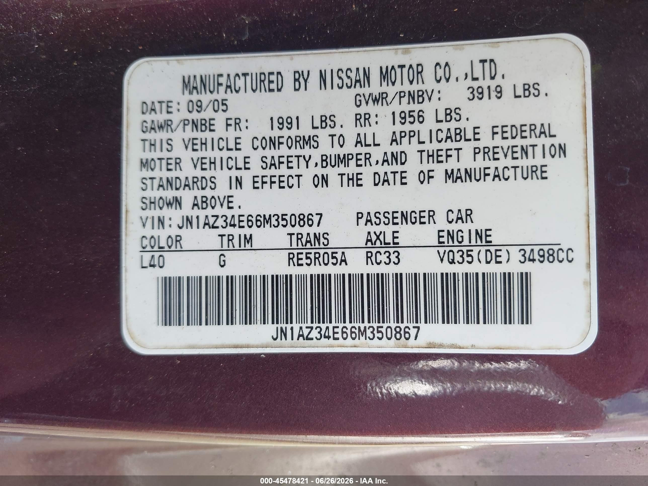 2006 Nissan 350z Grand Touring Purple vin: JN1AZ34E66M350867