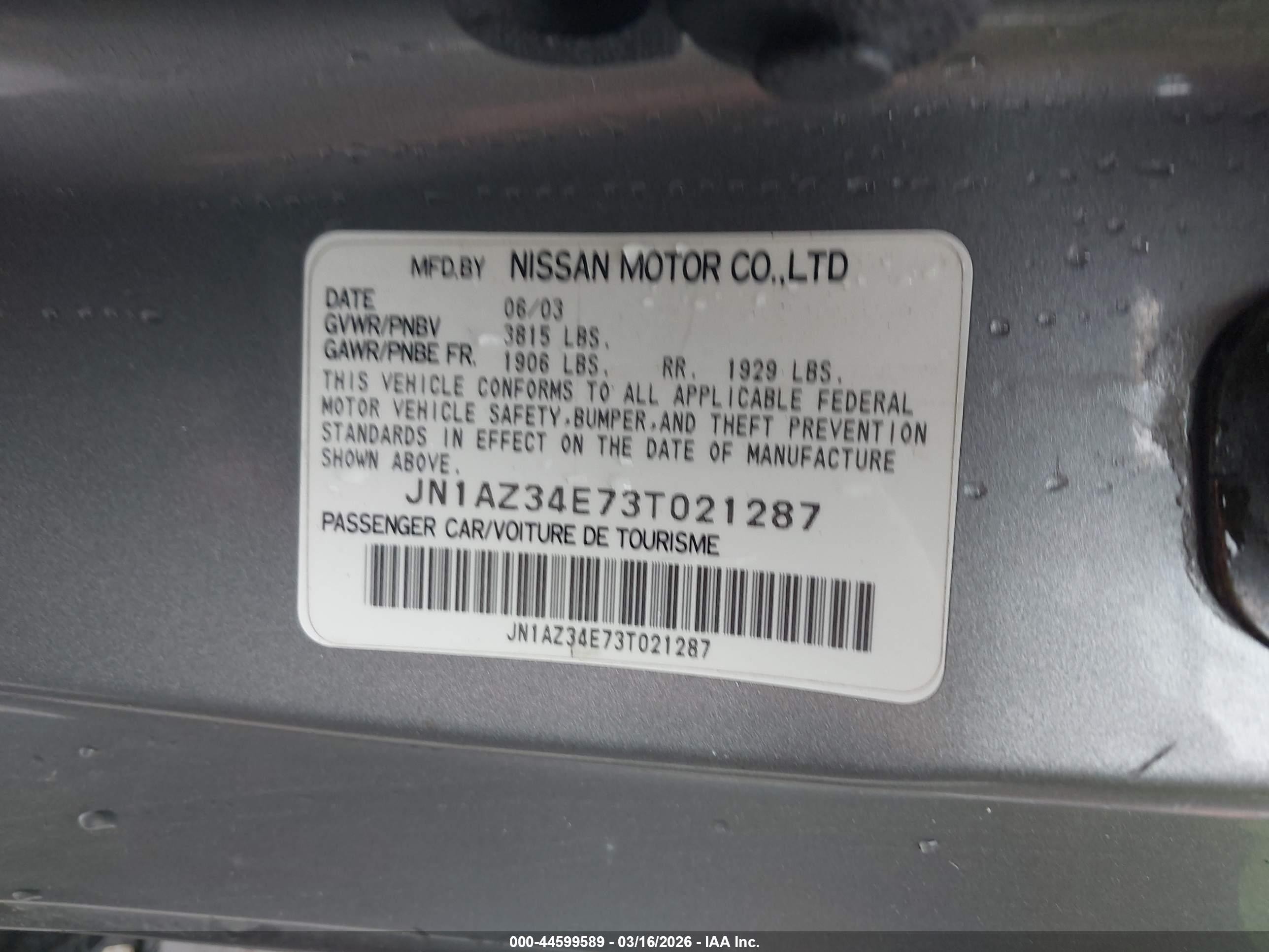 2003 Nissan 350z Touring Gray vin: JN1AZ34E73T021287