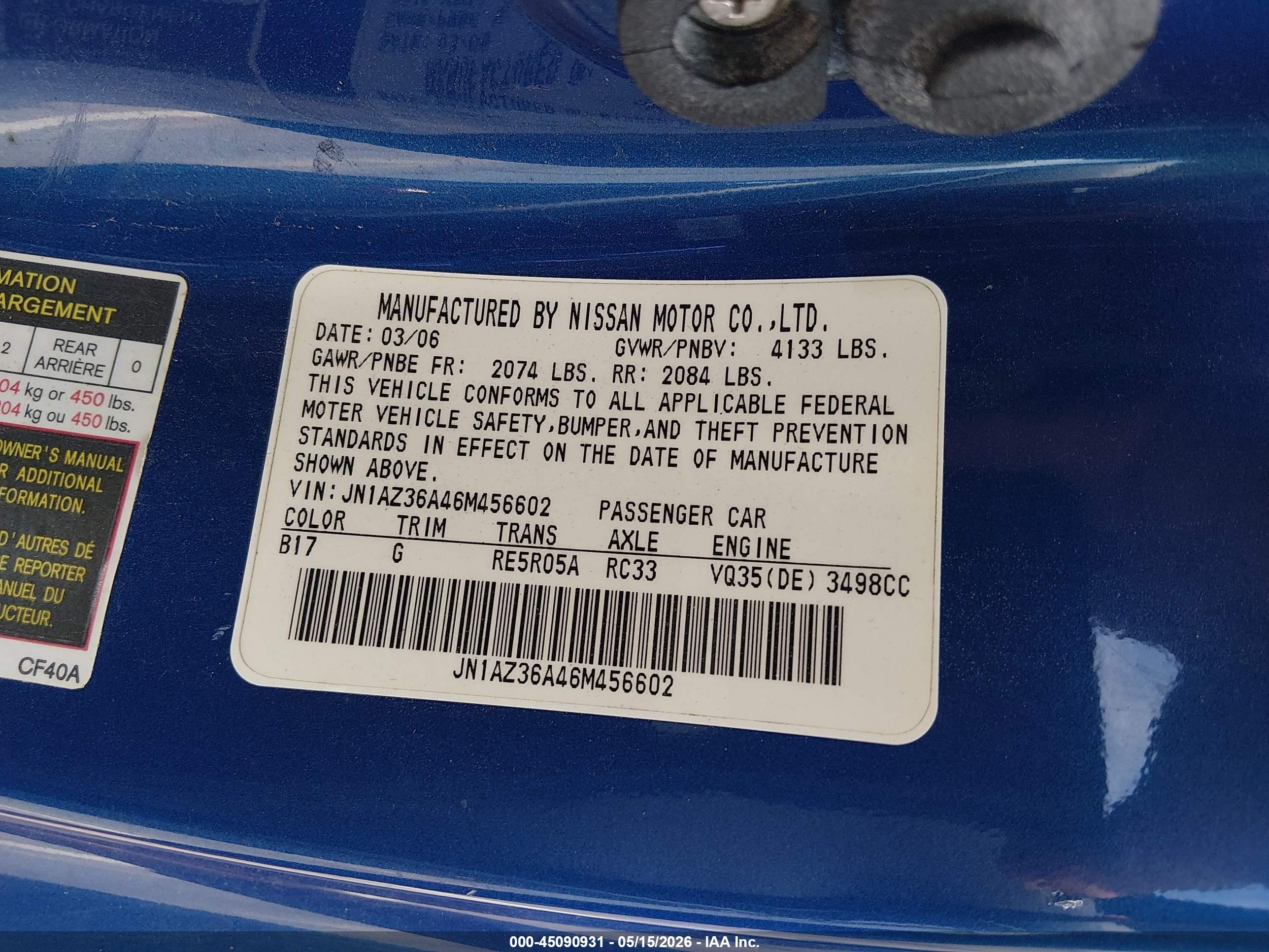 2006 Nissan 350z Enthusiast Blue vin: JN1AZ36A46M456602
