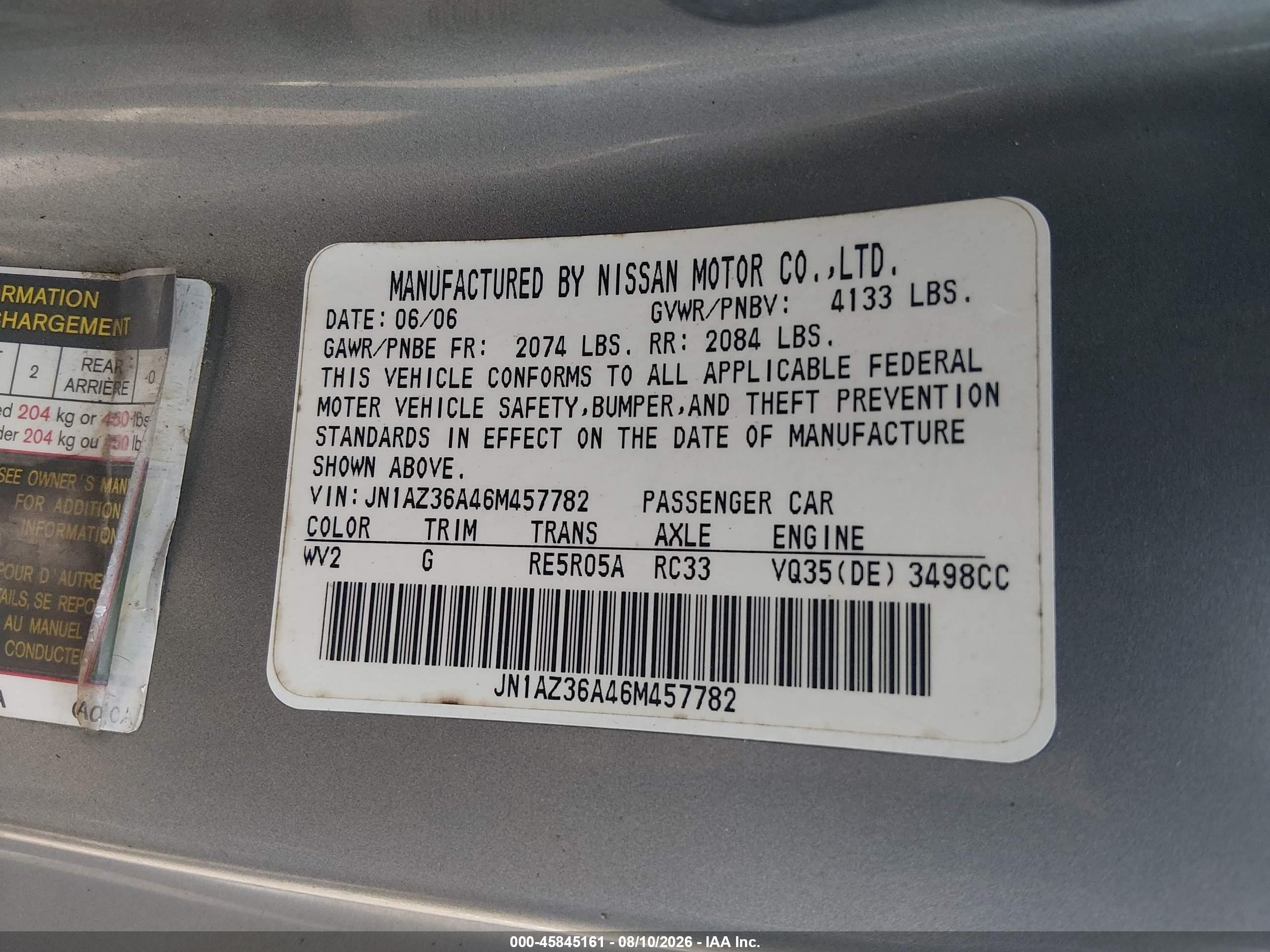 2006 Nissan 350z Enthusiast Gray vin: JN1AZ36A46M457782